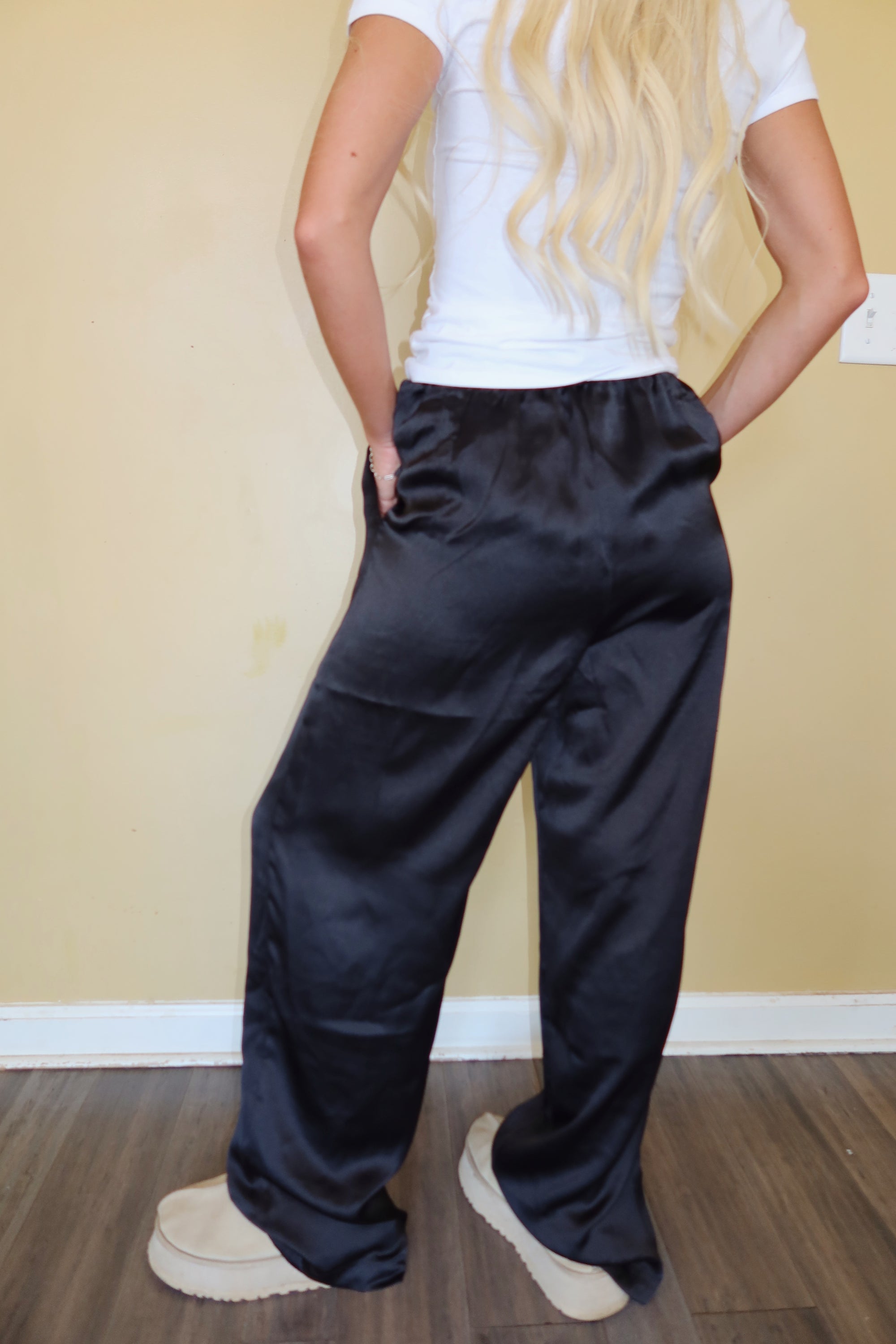 Satin Waist Tie Pants (Black)