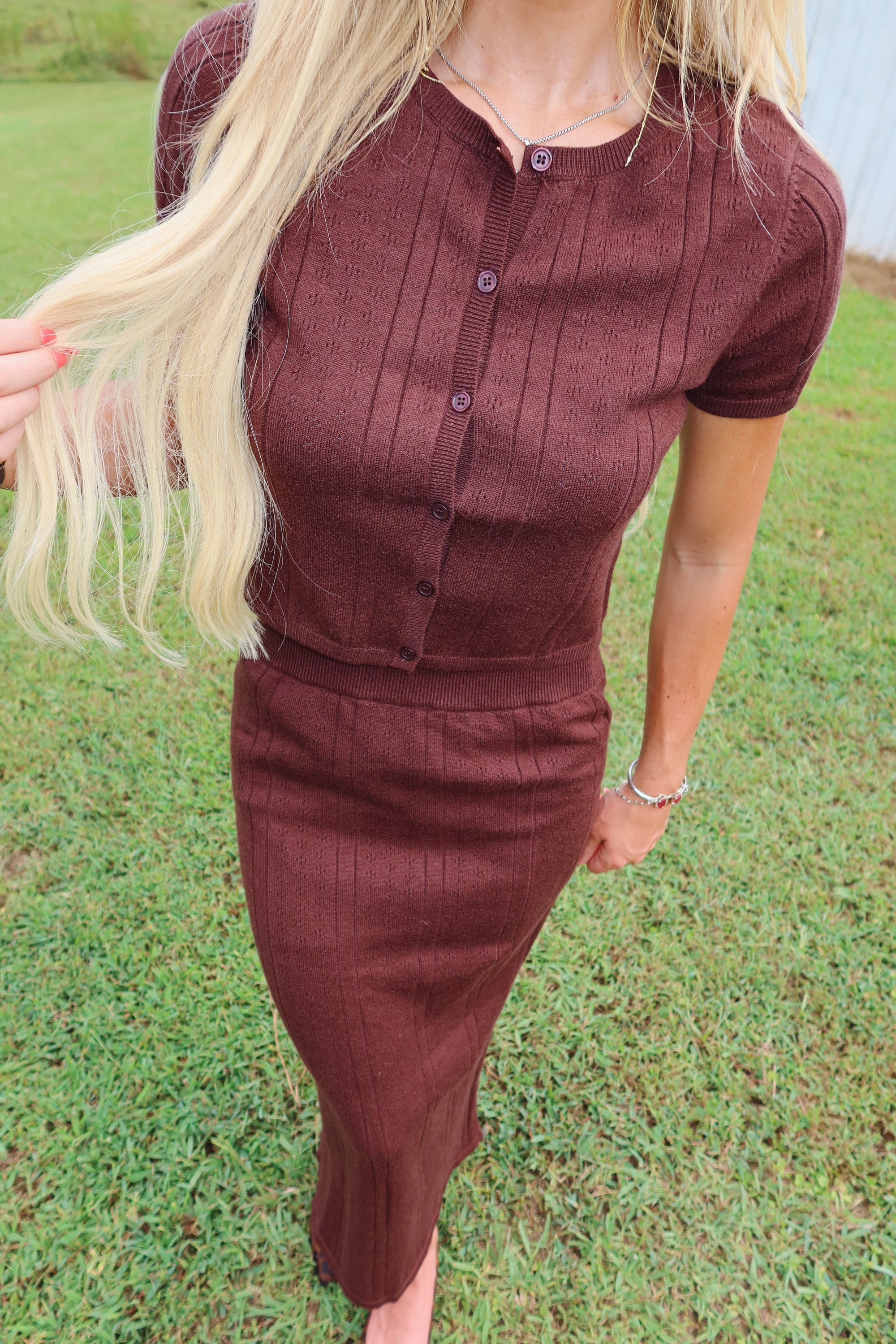 Button Down Pointelle Midi Skirt Set (Brown)