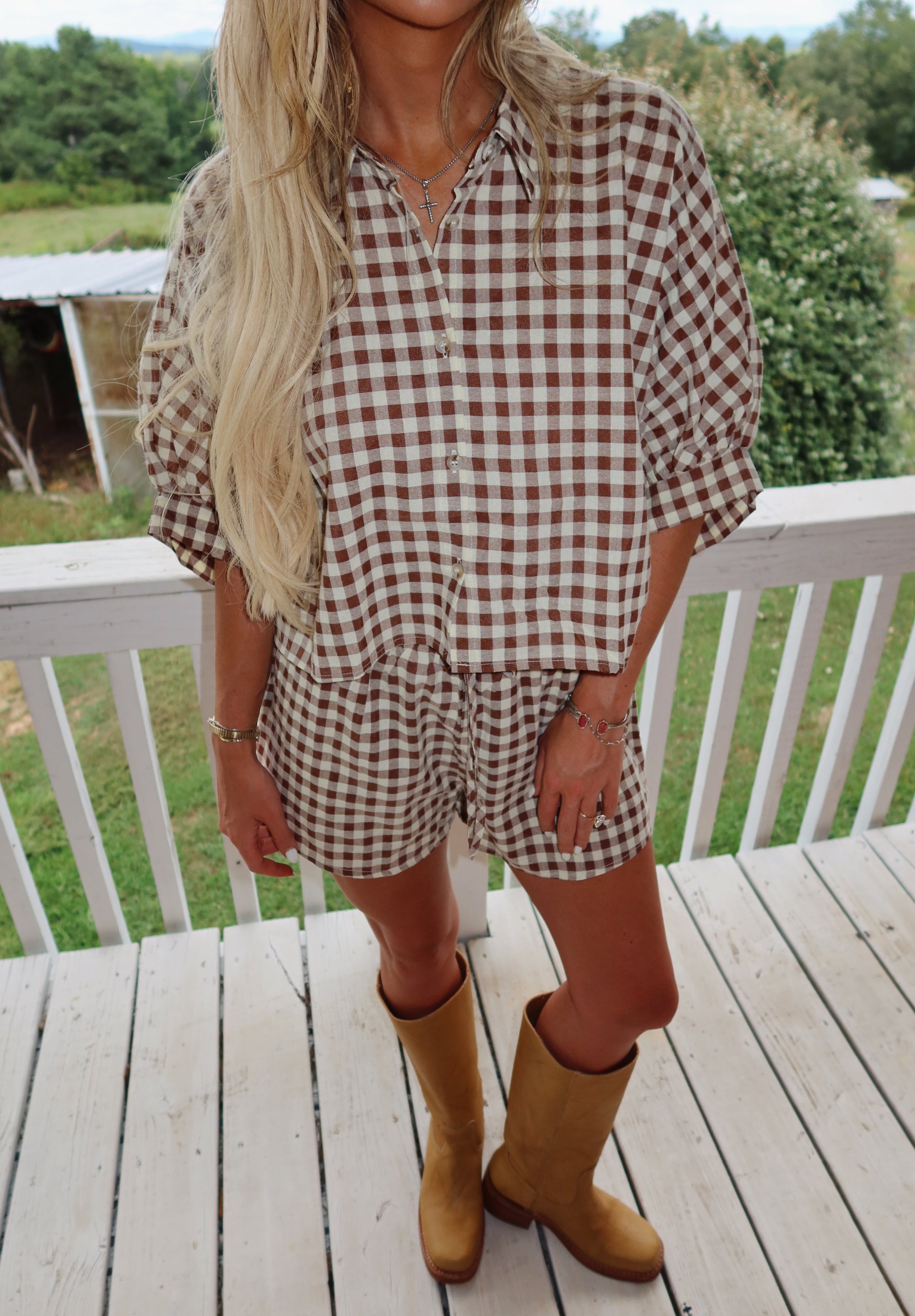 Gingham Cropped Button Down Set (Brown)