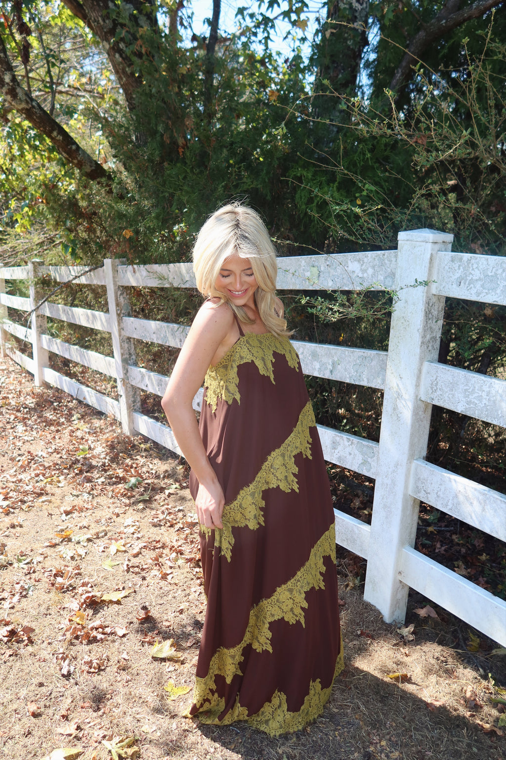 Maren Contrast Lace Trim Maxi Dress (brown & green)