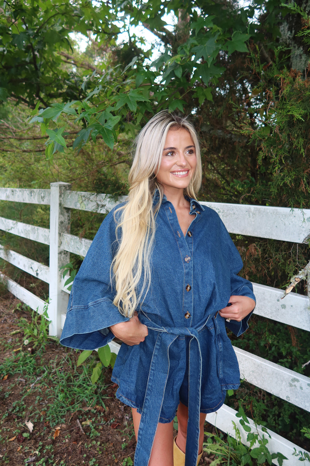 Raya Bell Sleeve Denim Romper