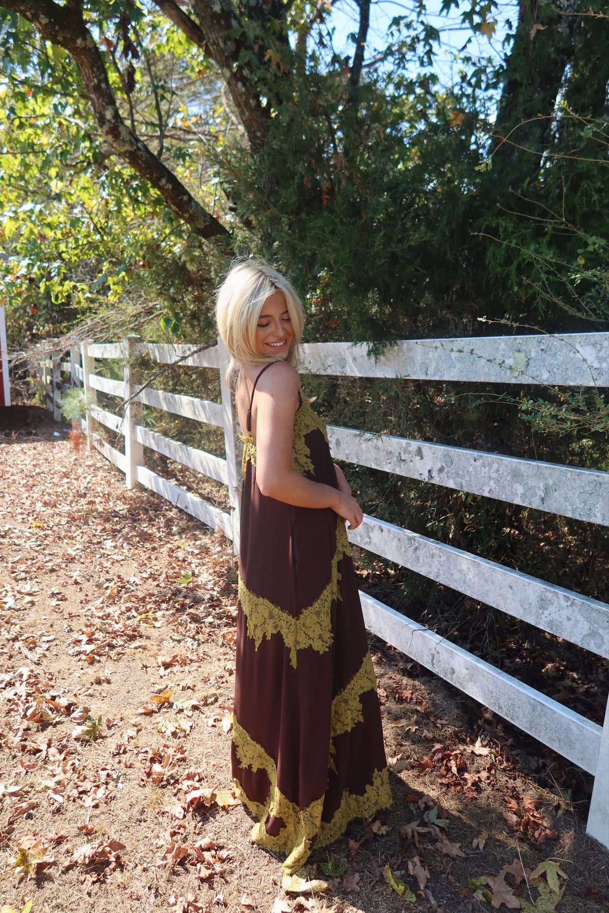 Maren Contrast Lace Trim Maxi Dress (brown & green)