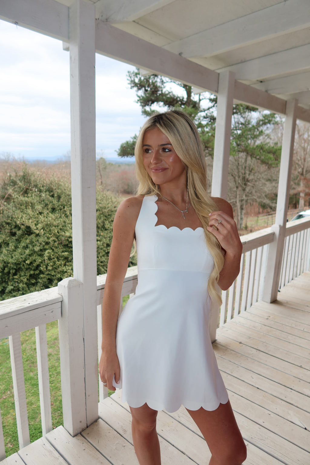 Willow Scalloped Fit and Flare Mini Dress (White)