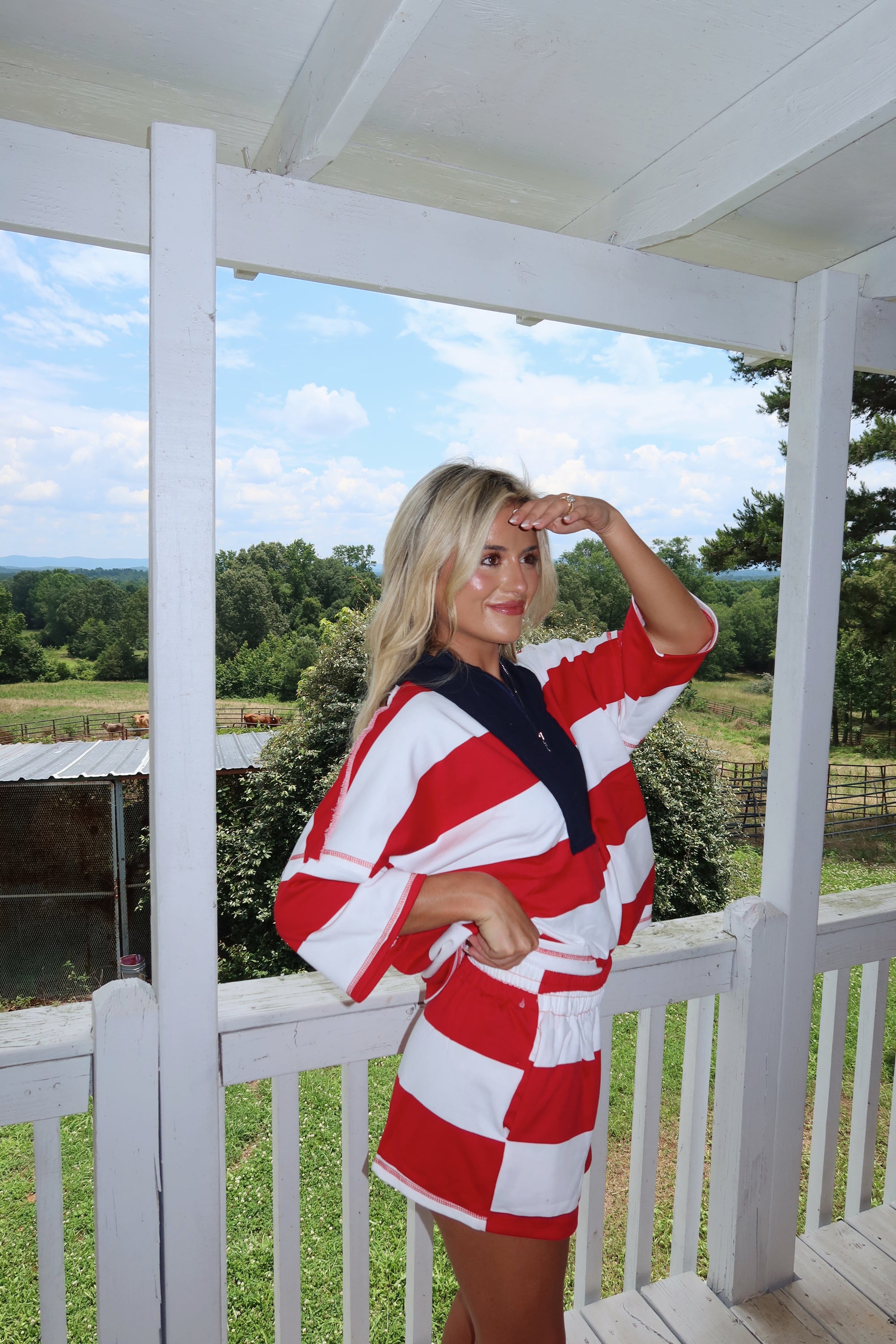 Camille Striped Half Zip Set- RED/NAVY
