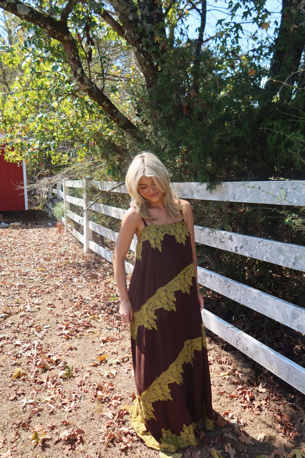 Maren Contrast Lace Trim Maxi Dress (brown & green)