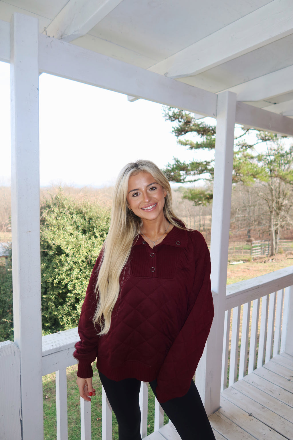 Dark Cherry Quilted Snap Pullover