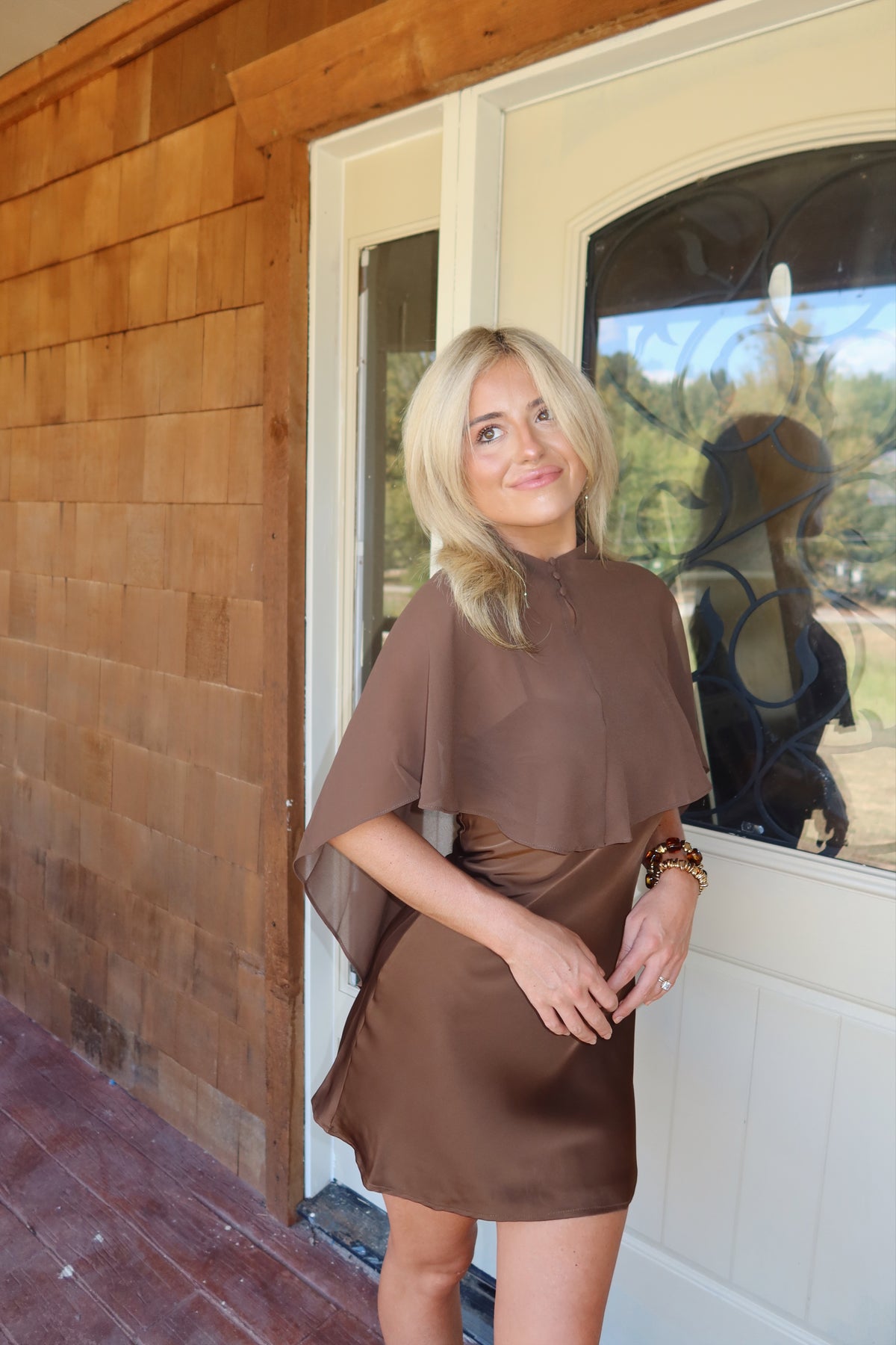 Satin Cape Dress- Brown