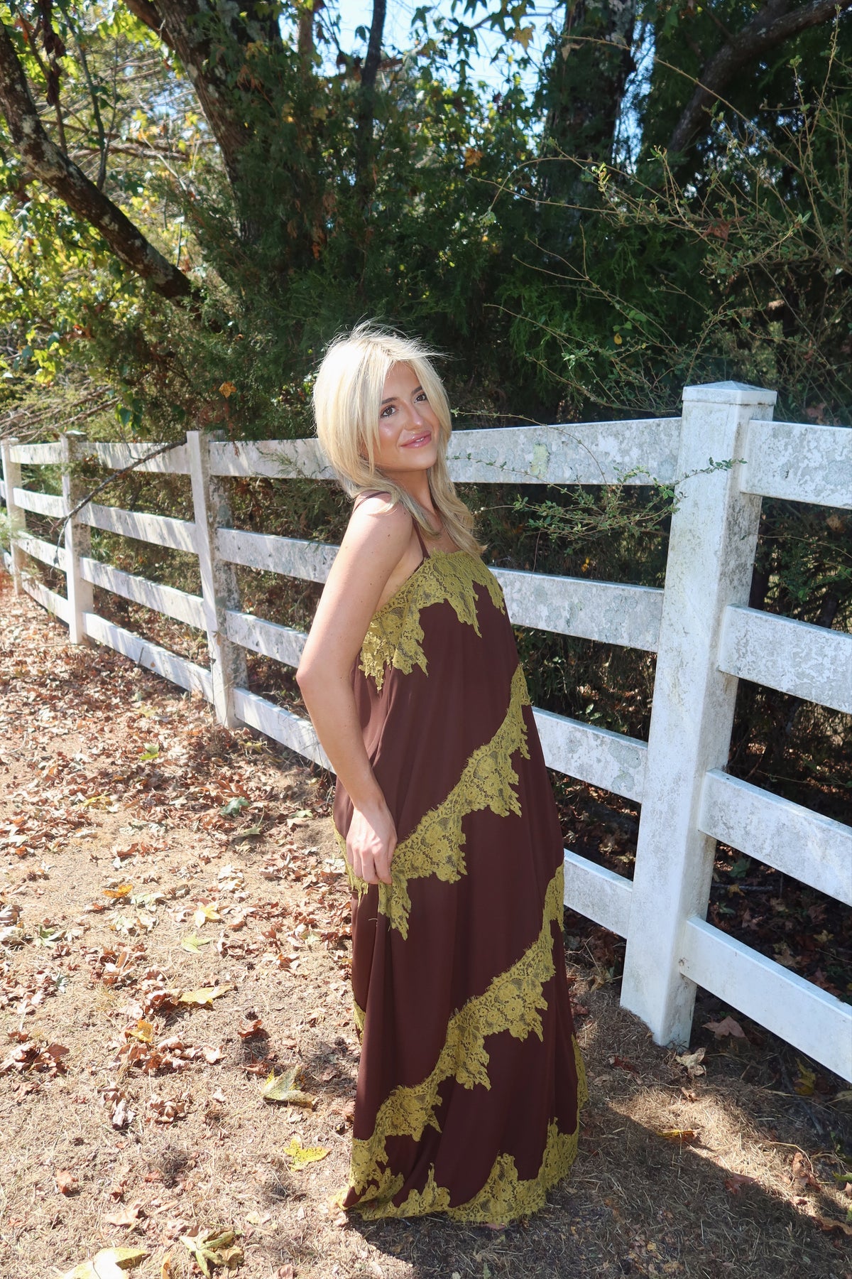 Maren Contrast Lace Trim Maxi Dress (brown & green)