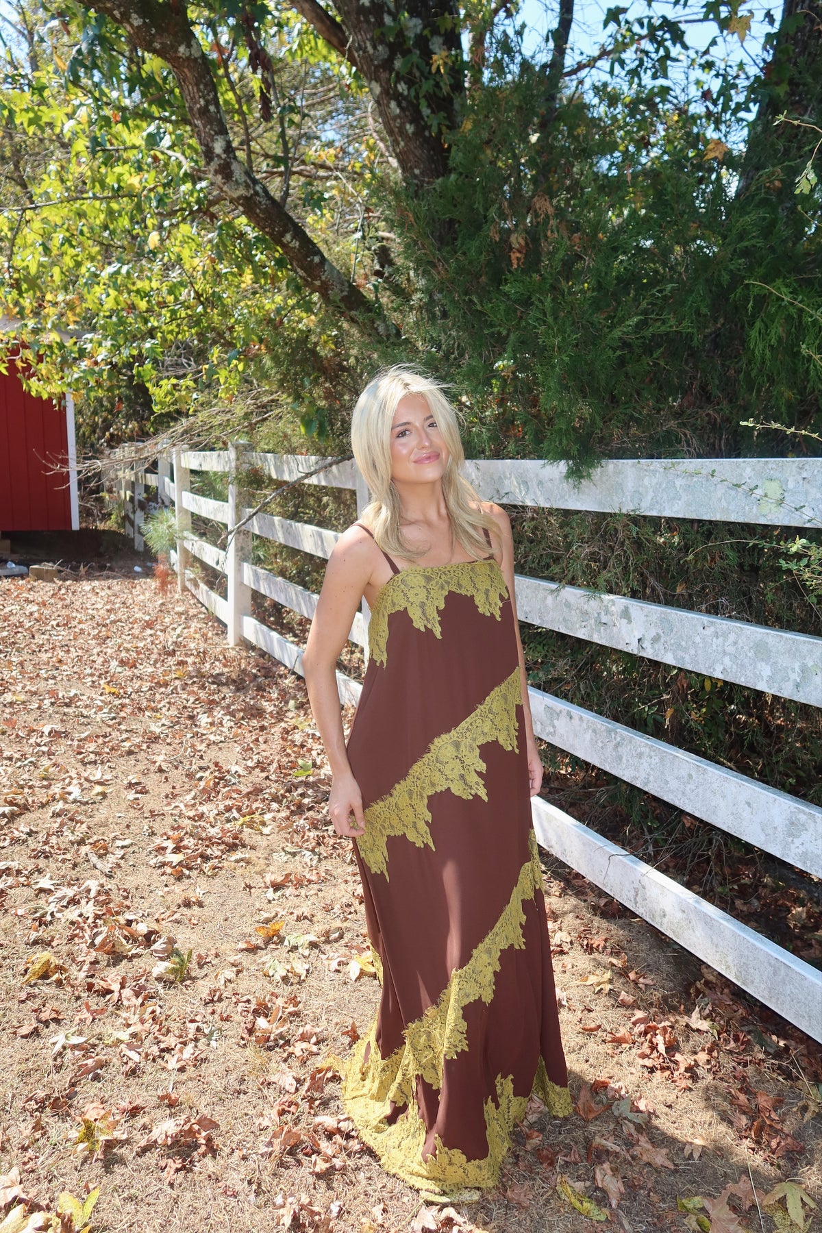 Maren Contrast Lace Trim Maxi Dress (brown & green)