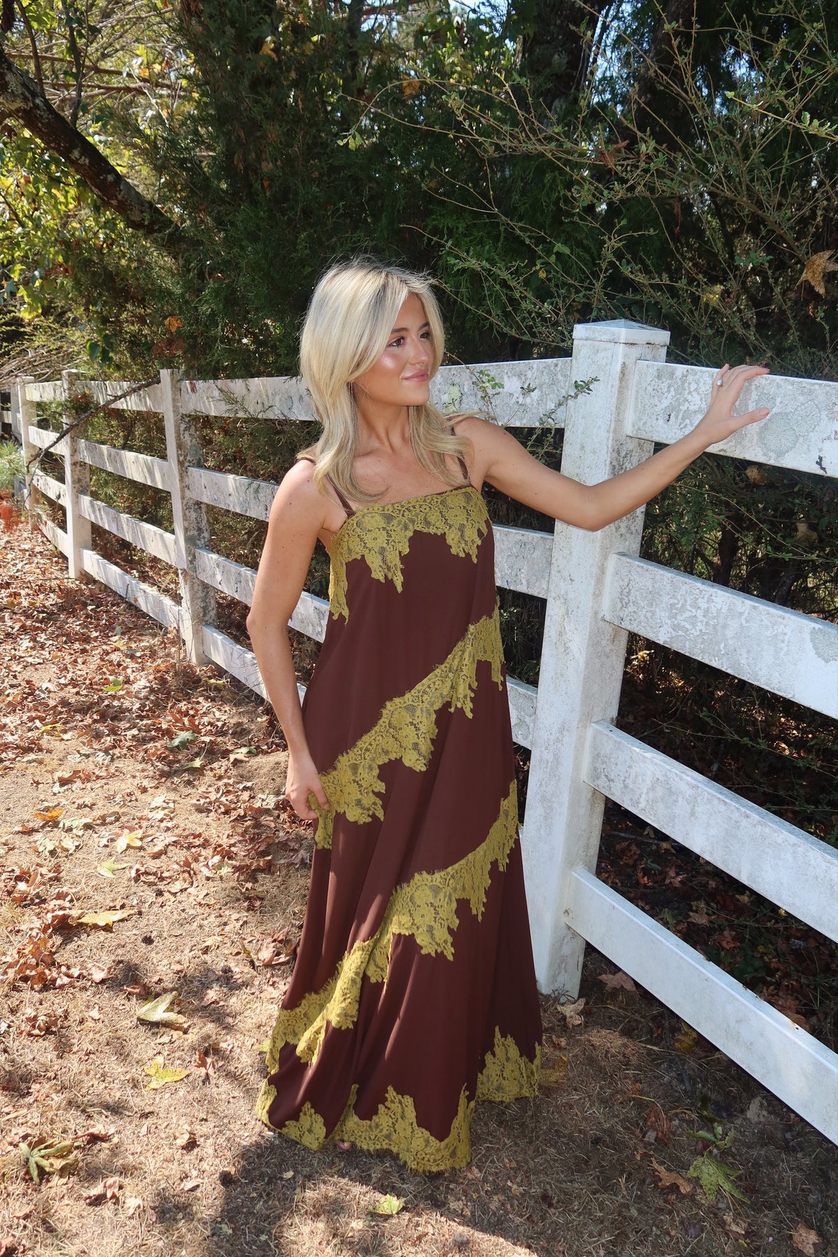 Maren Contrast Lace Trim Maxi Dress (brown & green)