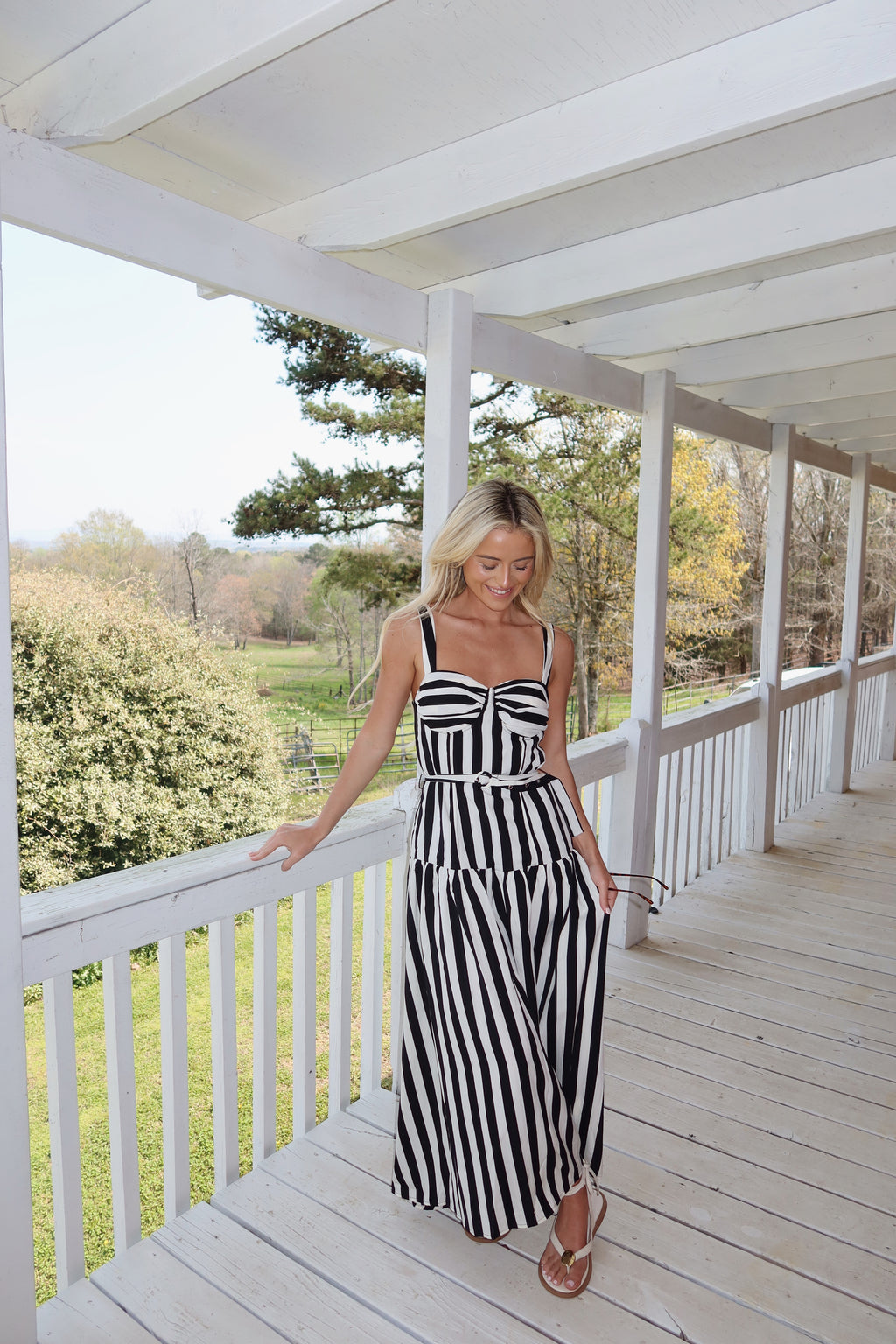 The Monaco Striped Belted Midi Dress