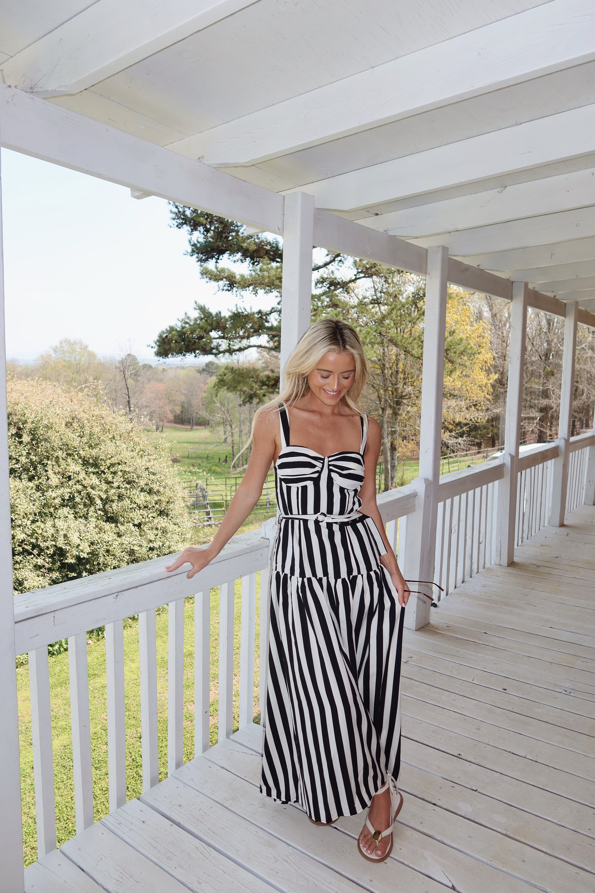 The Monaco Striped Belted Midi Dress