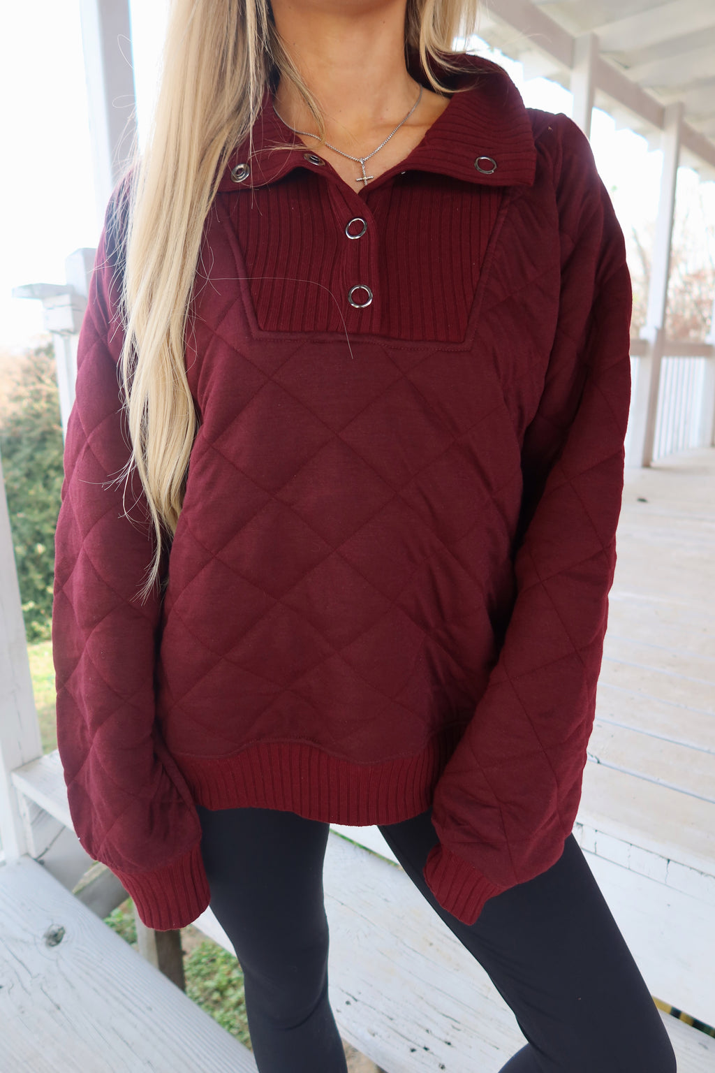 Dark Cherry Quilted Snap Pullover