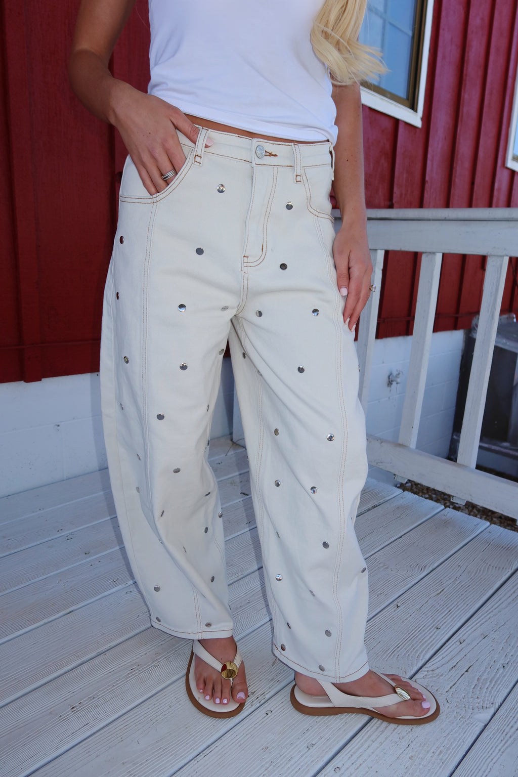 Sloan Studded Barrel Jeans (Cream)