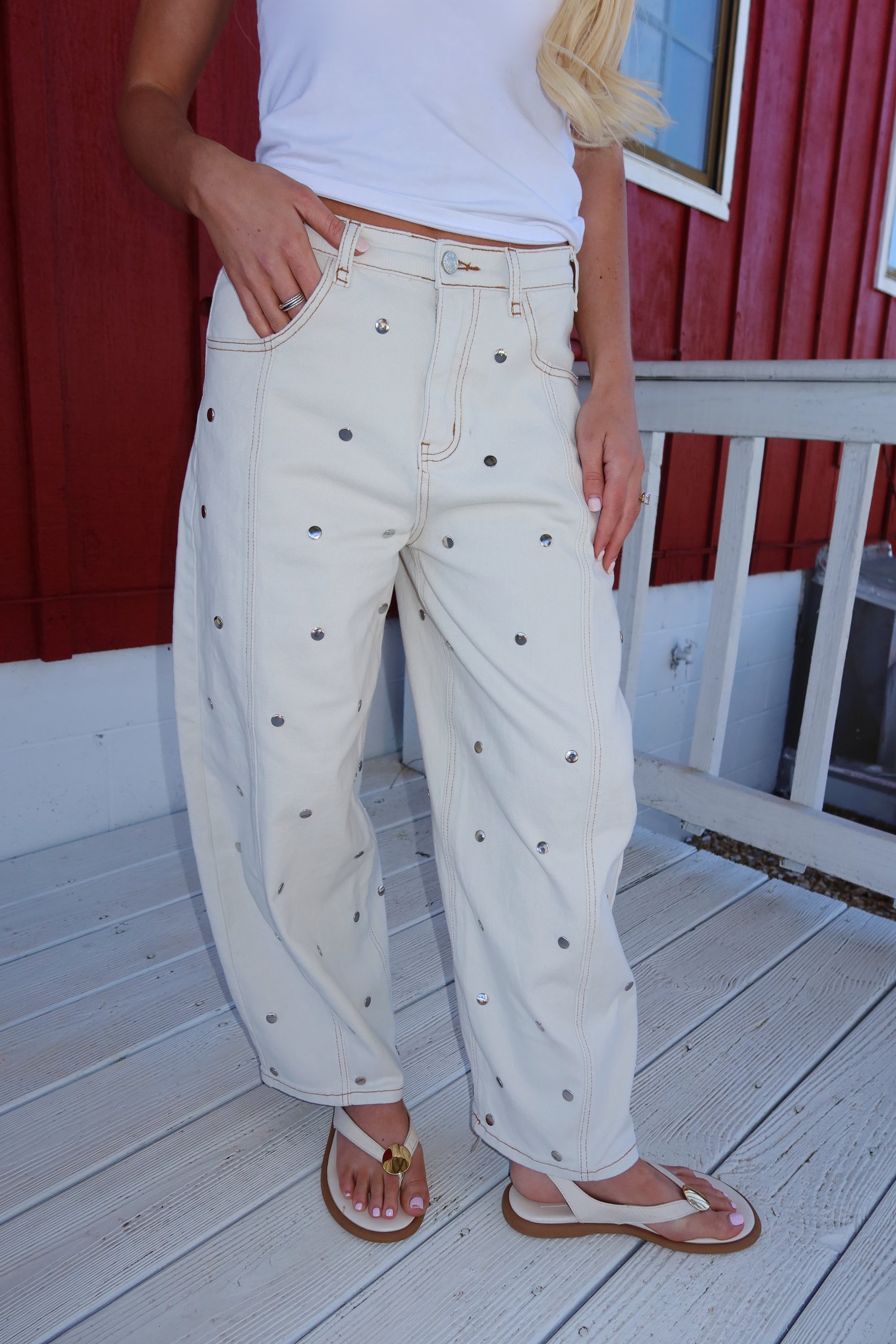 Sloan Studded Barrel Jeans (Cream)