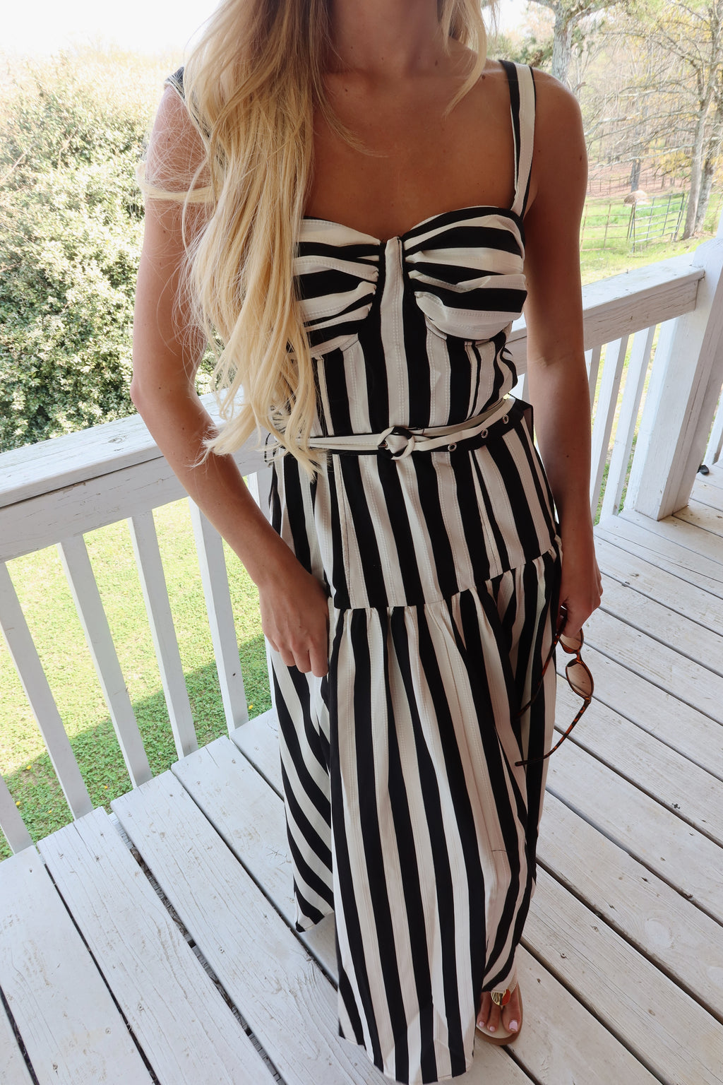 The Monaco Striped Belted Midi Dress