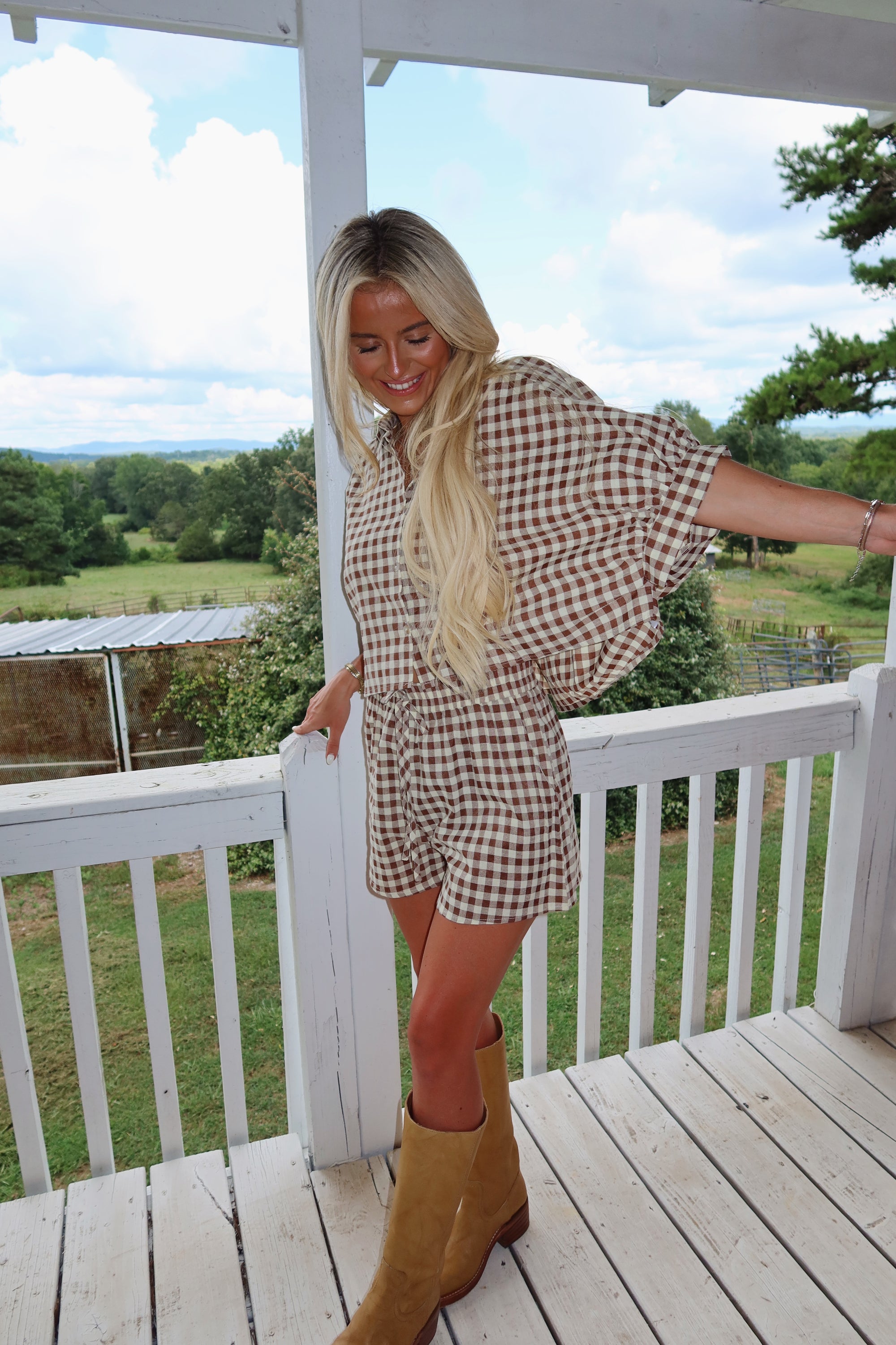 Gingham Cropped Button Down Set (Brown)