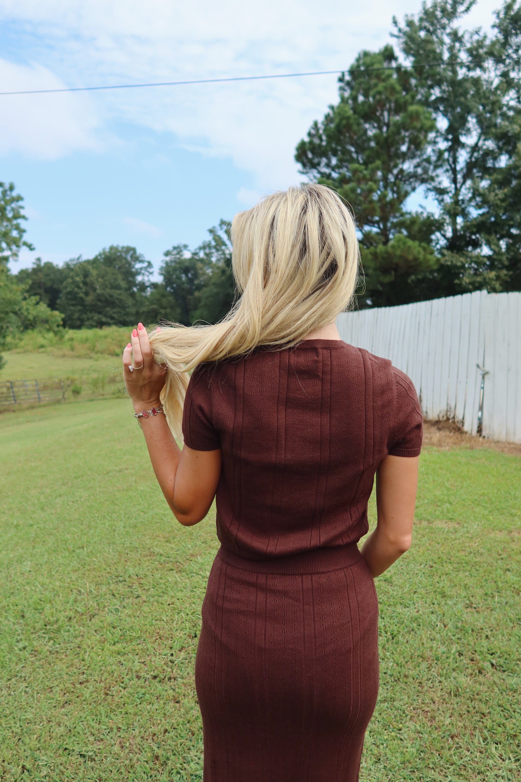 Button Down Pointelle Midi Skirt Set (Brown)