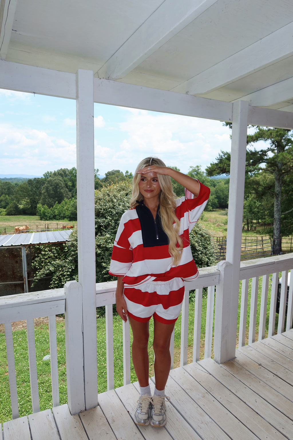 Camille Striped Half Zip Set- RED/NAVY