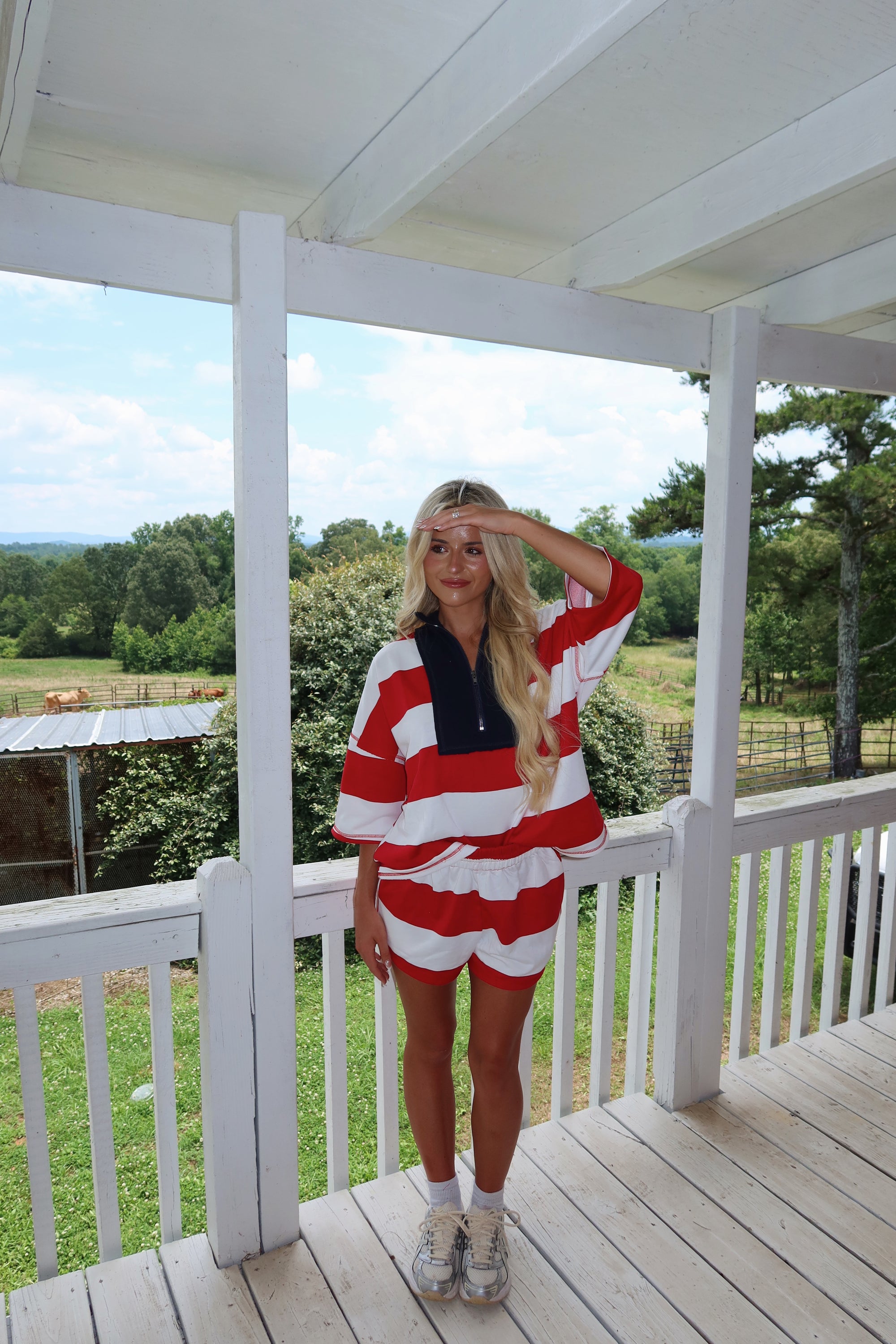 Camille Striped Half Zip Set- RED/NAVY