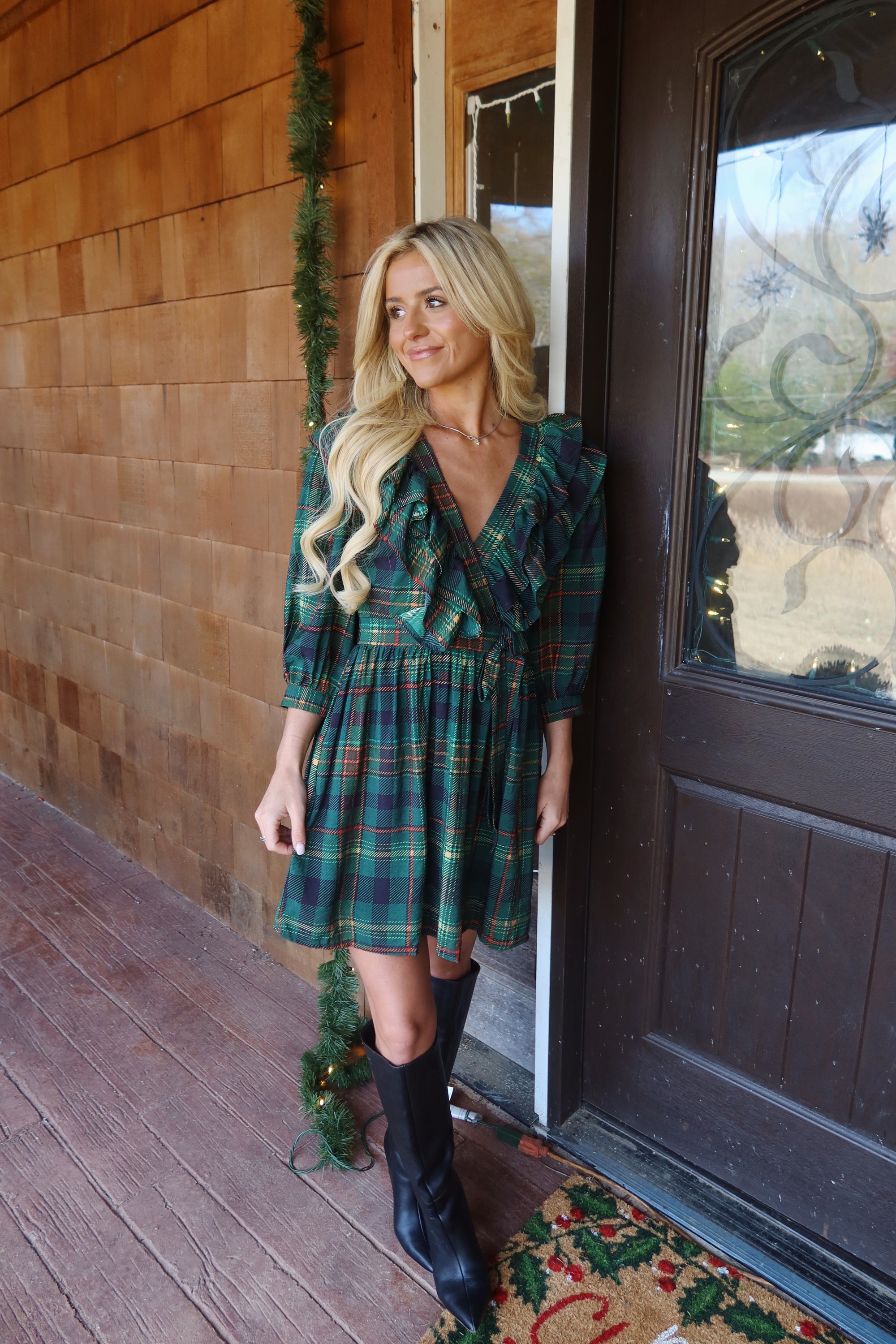 Evergreen Plaid Wrap Dress