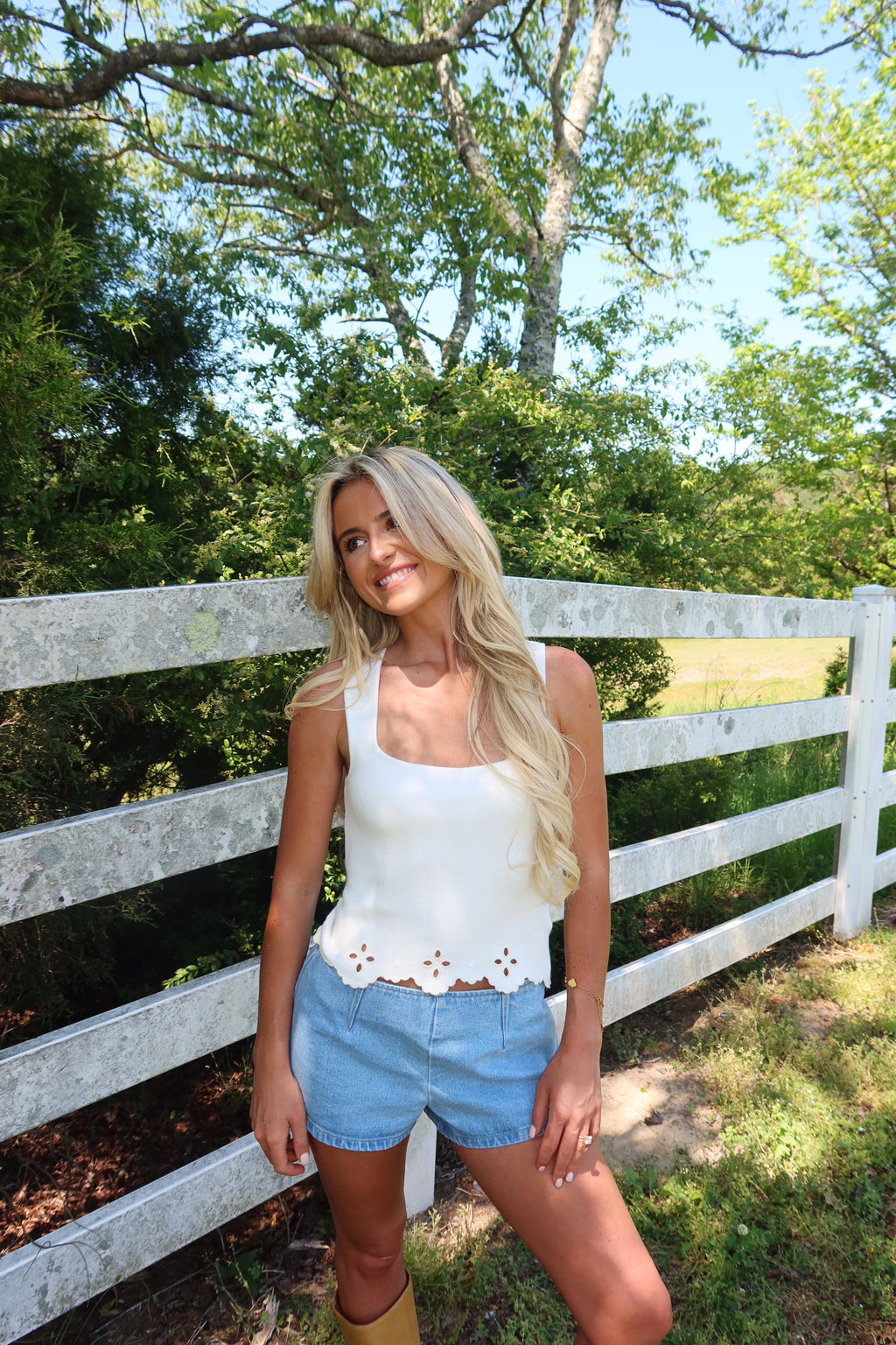 Square Neck Eyelet Sweater Top