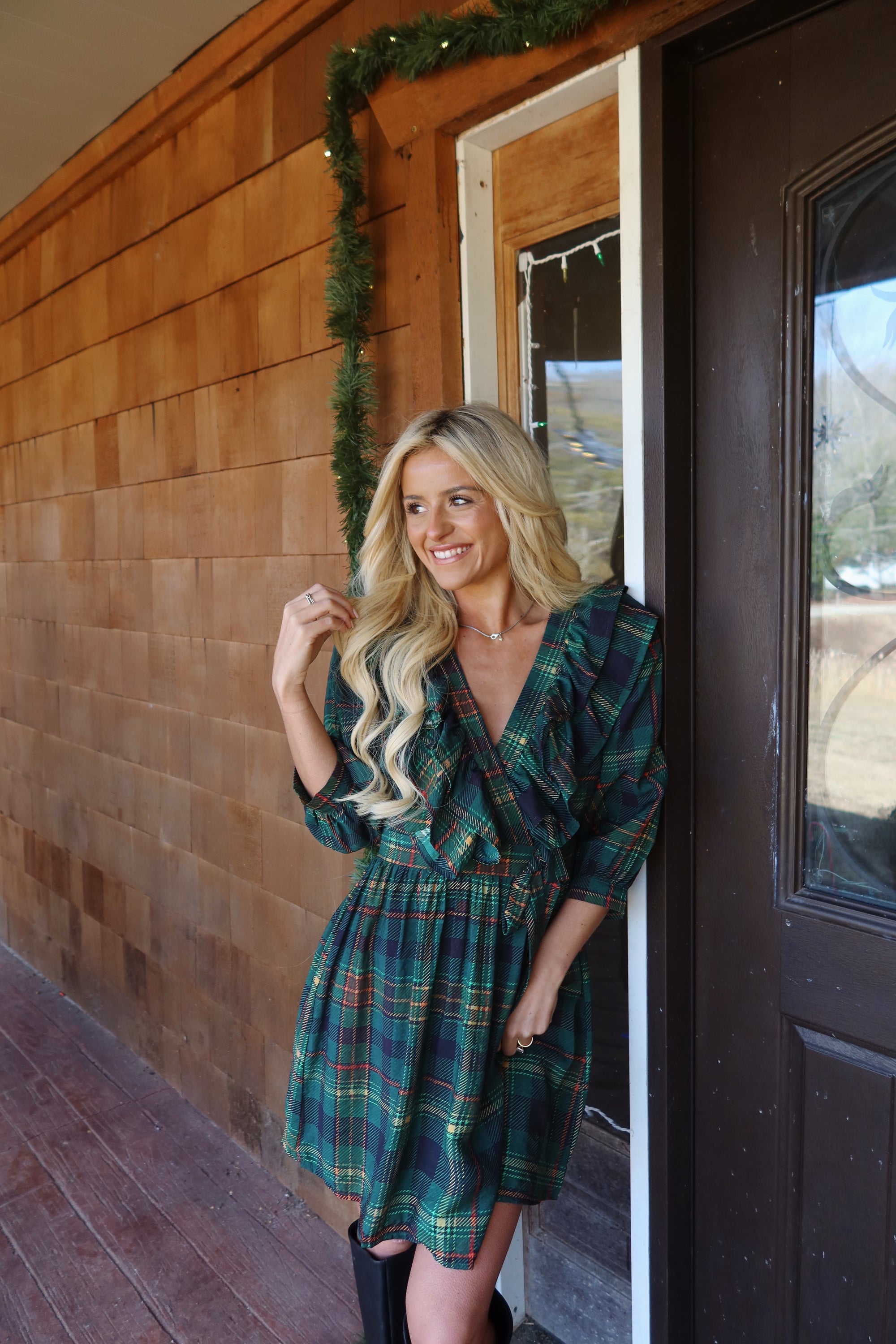 Evergreen Plaid Wrap Dress