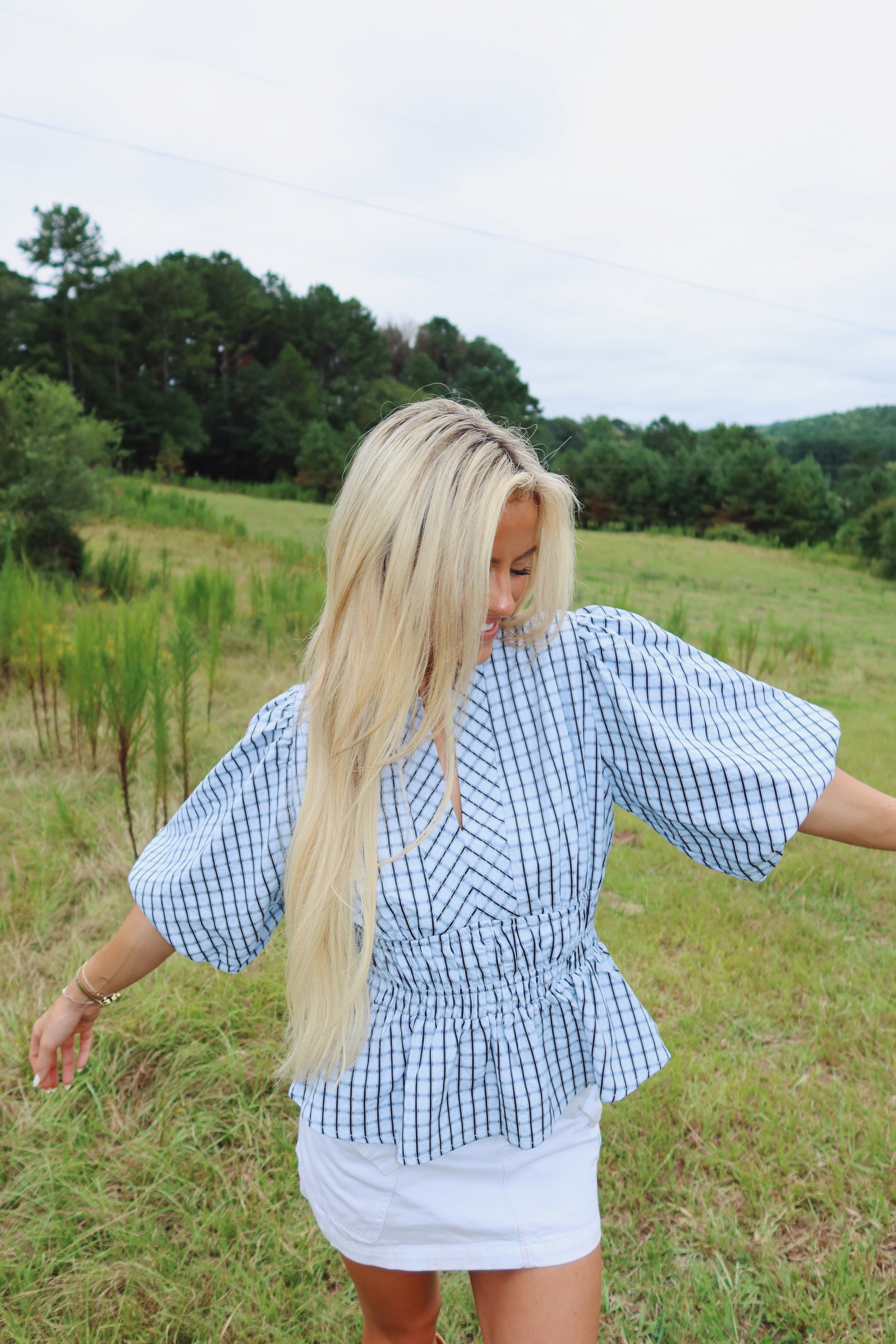 Checkered Puff Sleeve Blouse