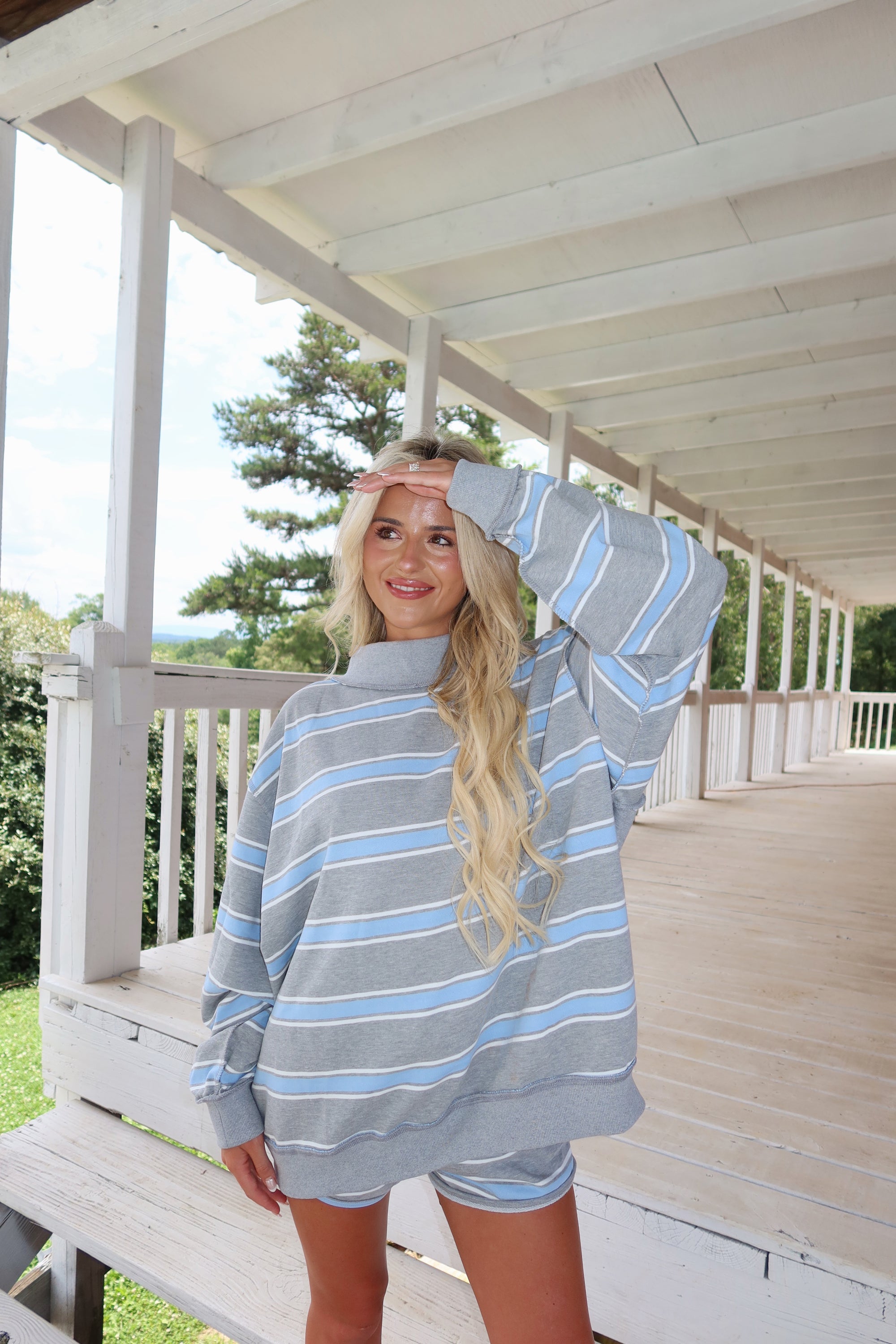 Sophia Striped Mockneck -BLUE/GREY