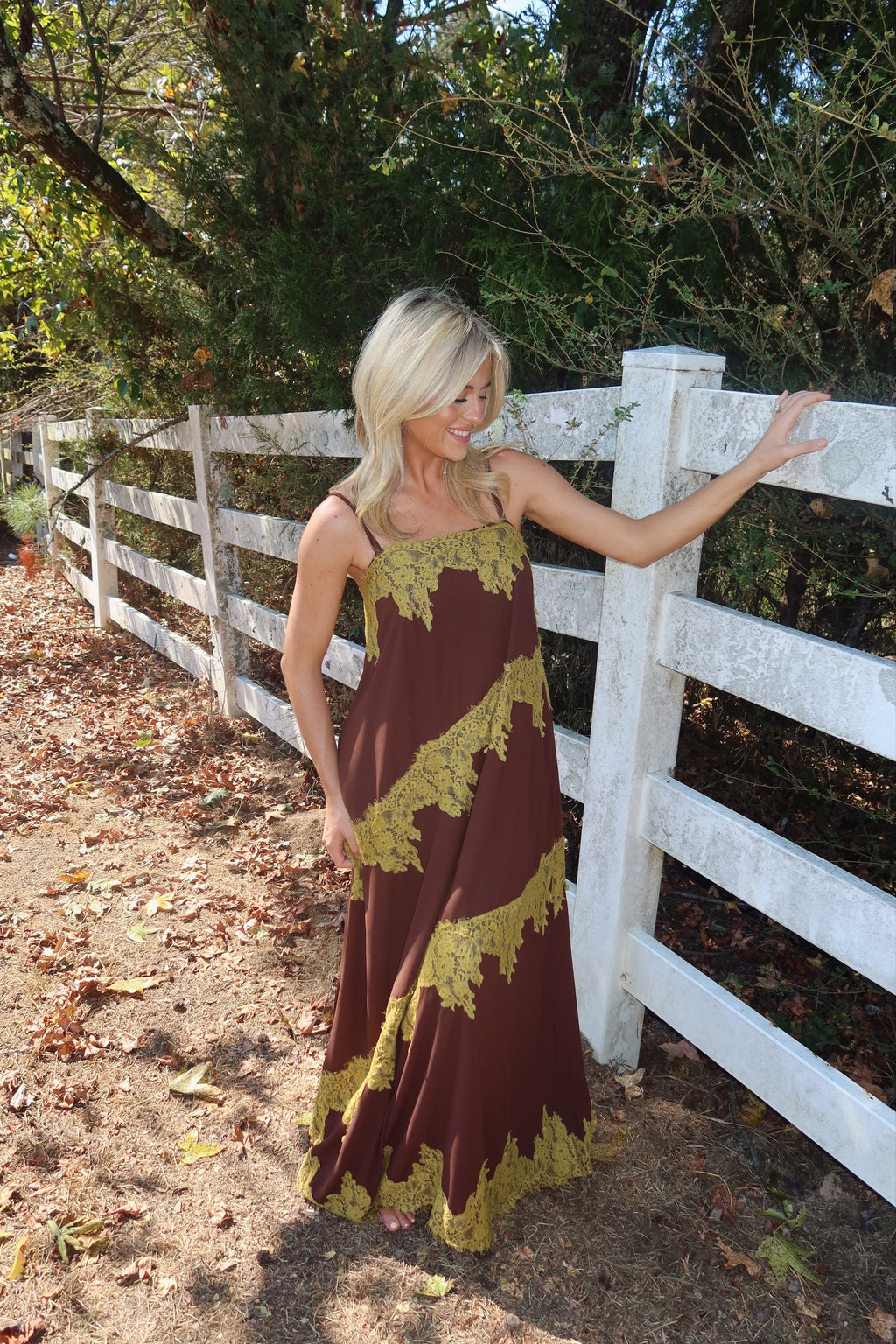 Maren Contrast Lace Trim Maxi Dress (brown & green)