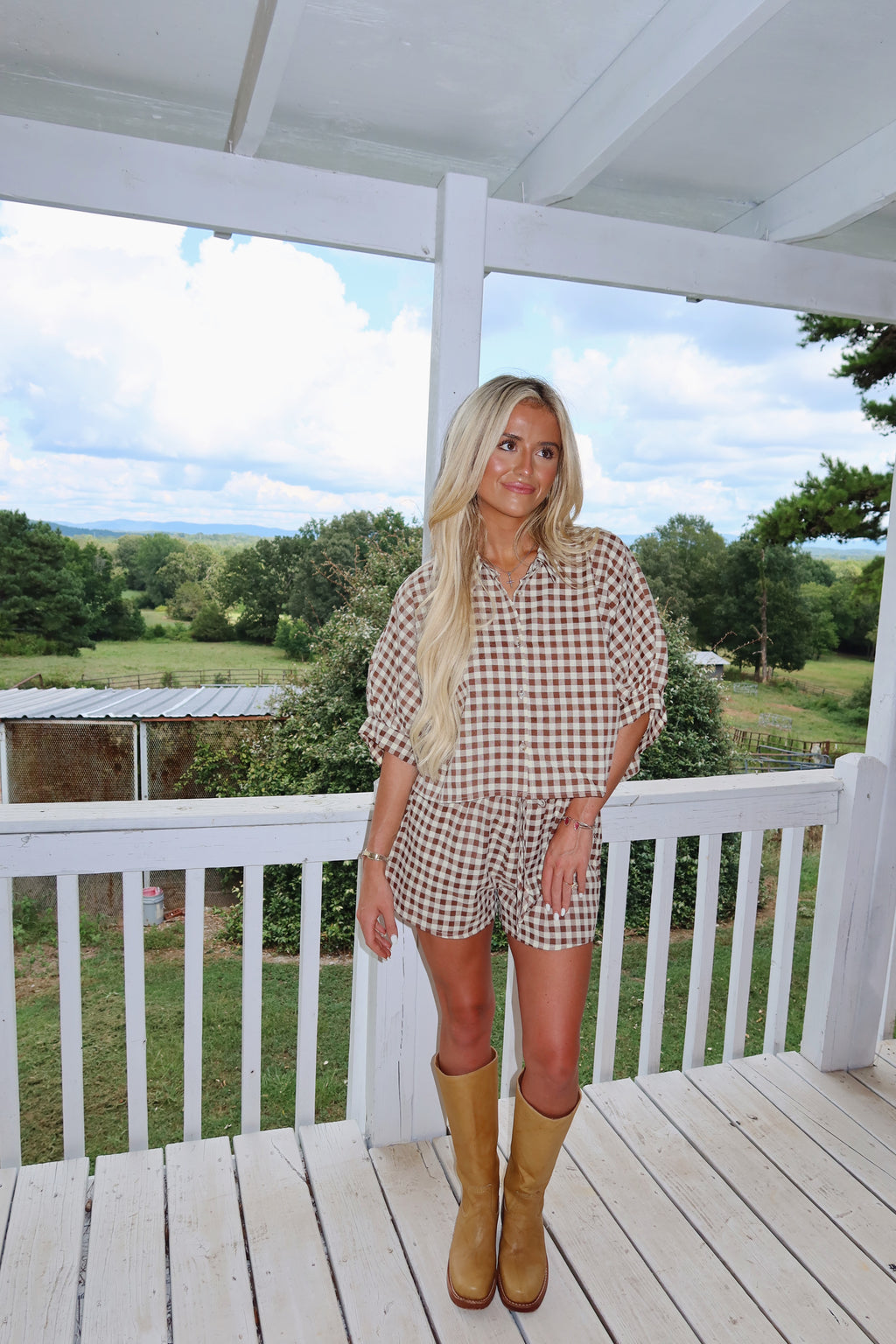 Gingham Cropped Button Down Set (Brown)