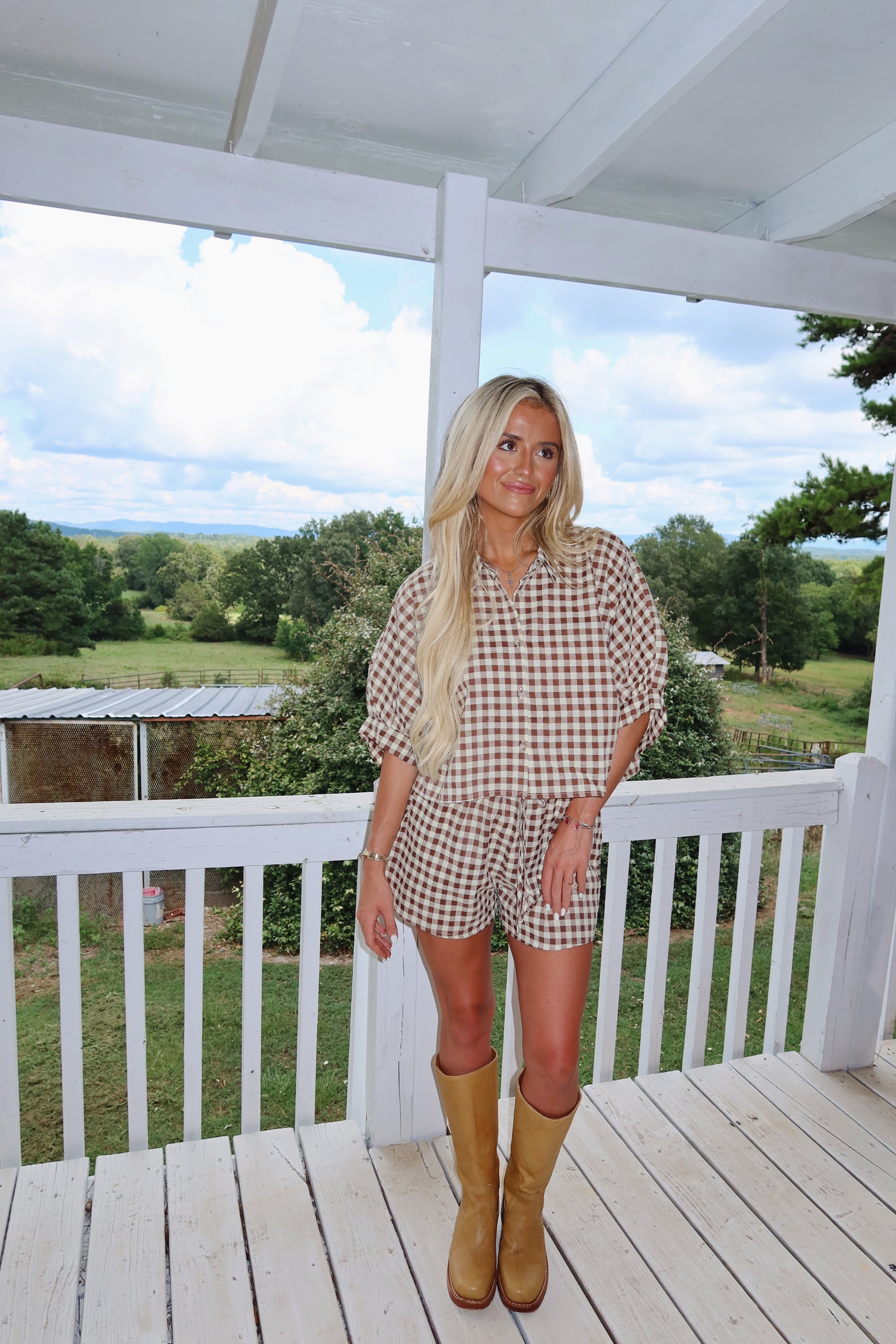 Gingham Cropped Button Down Set (Brown)