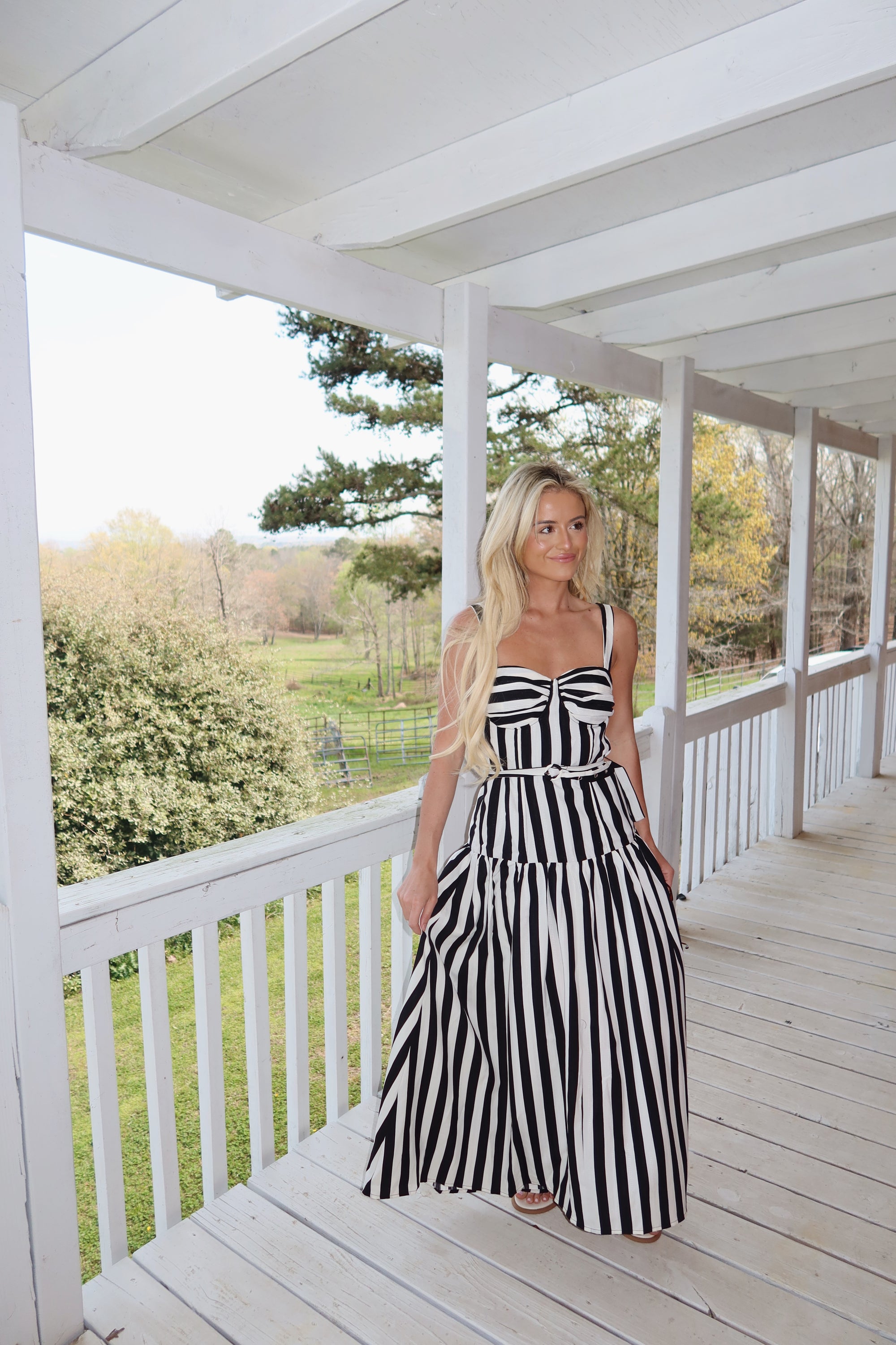The Monaco Striped Belted Midi Dress