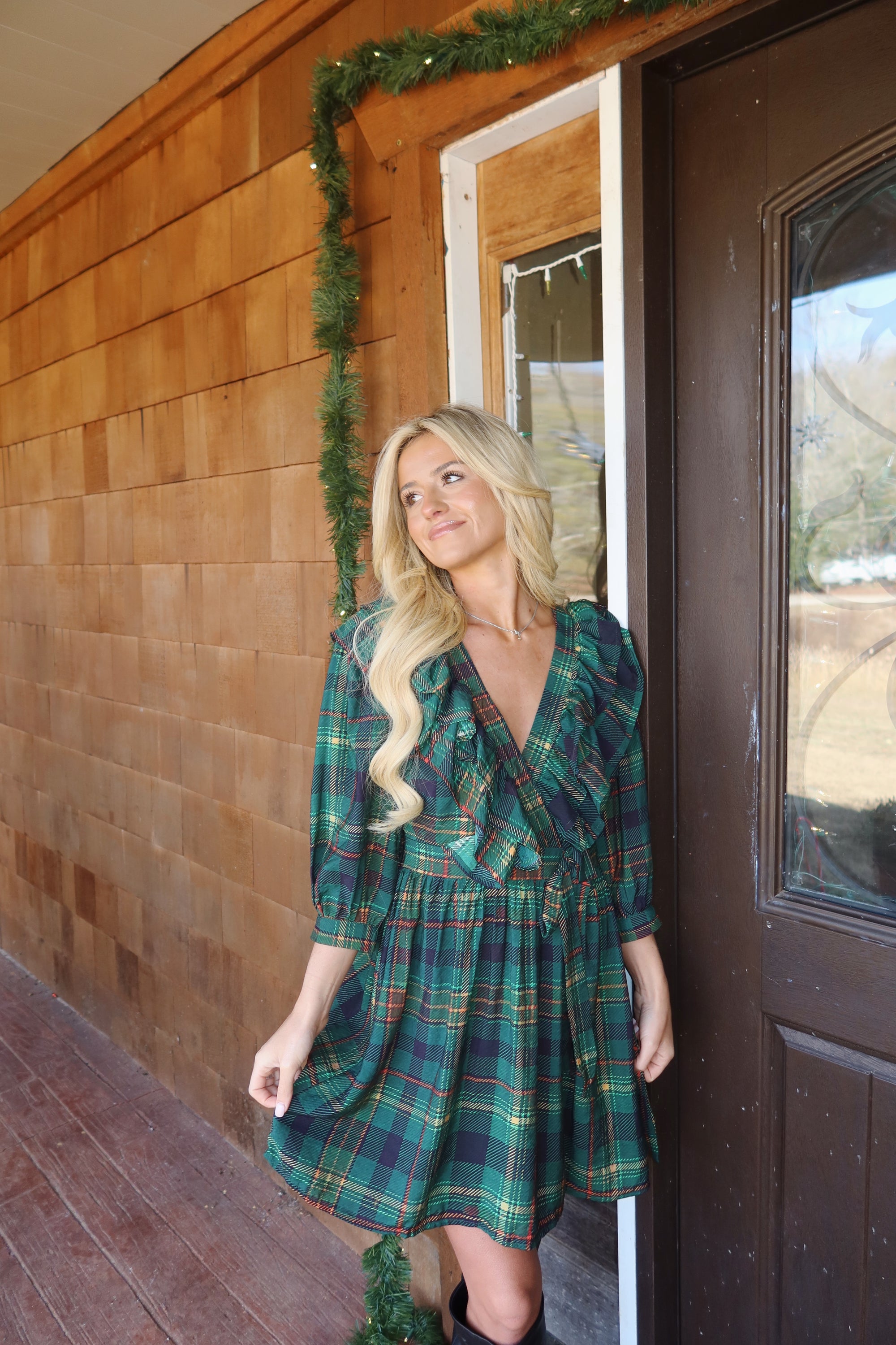 Evergreen Plaid Wrap Dress