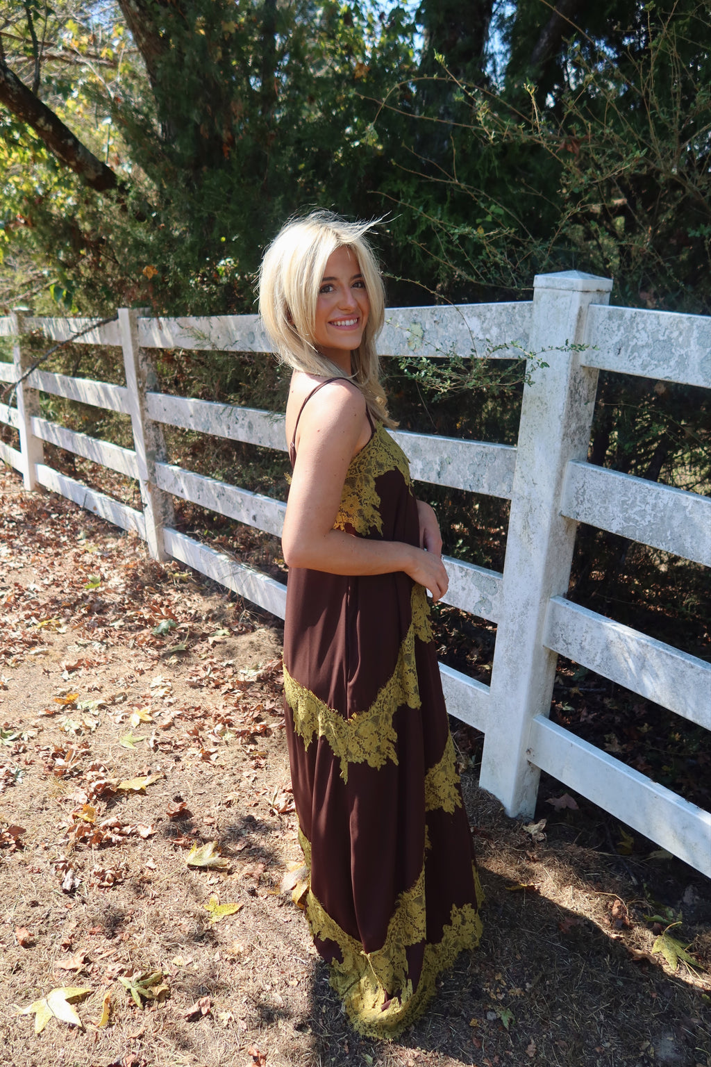 Maren Contrast Lace Trim Maxi Dress (brown & green)