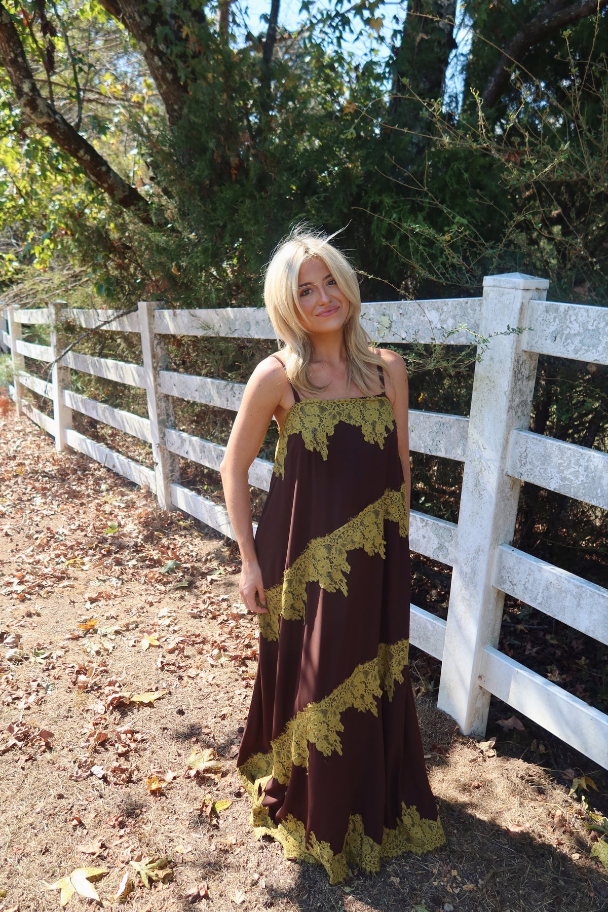 Maren Contrast Lace Trim Maxi Dress (brown & green)