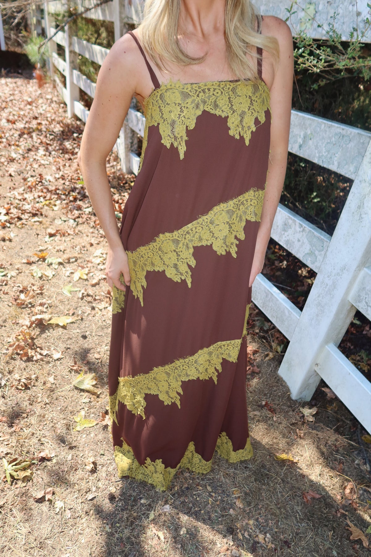 Maren Contrast Lace Trim Maxi Dress (brown & green)