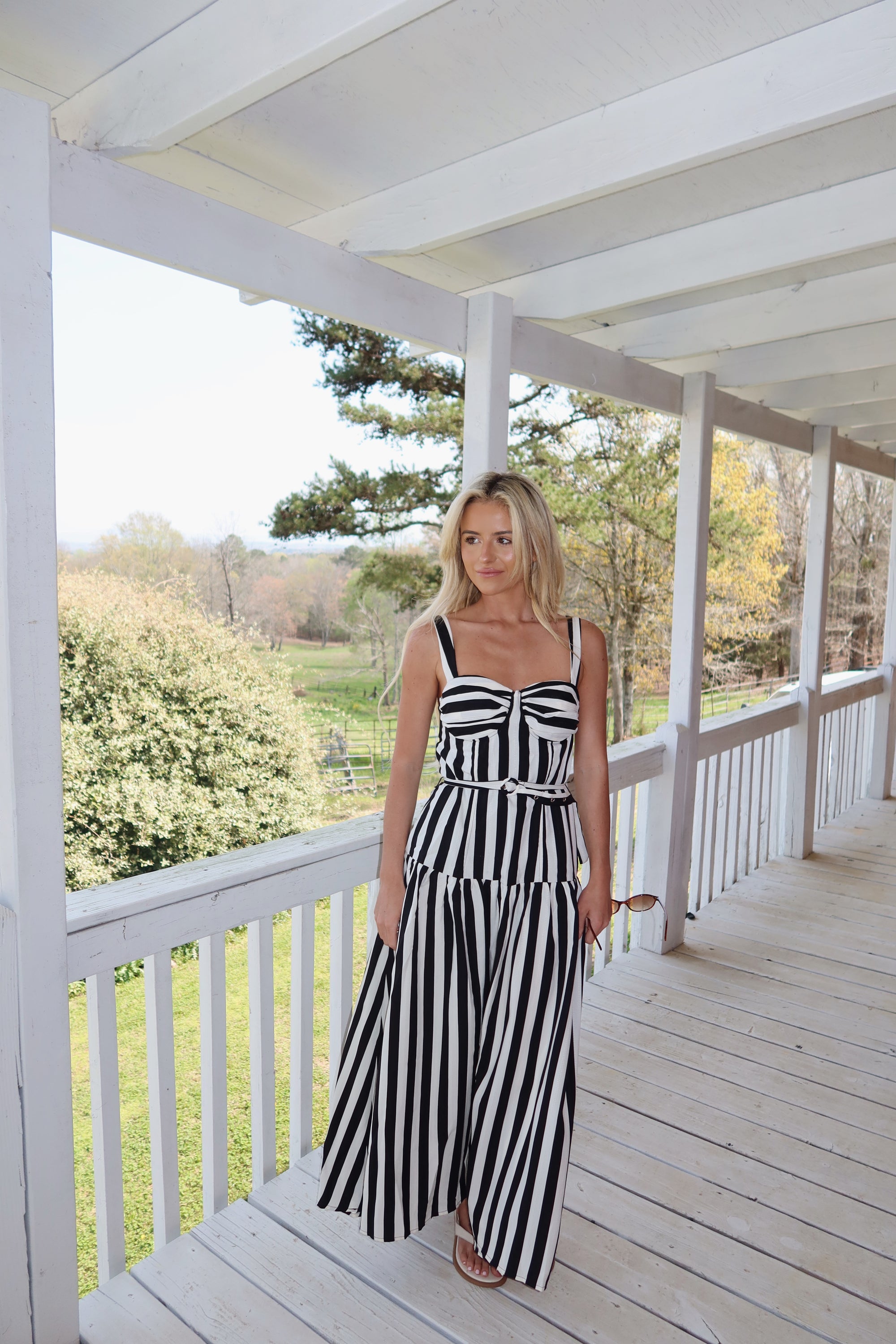 The Monaco Striped Belted Midi Dress