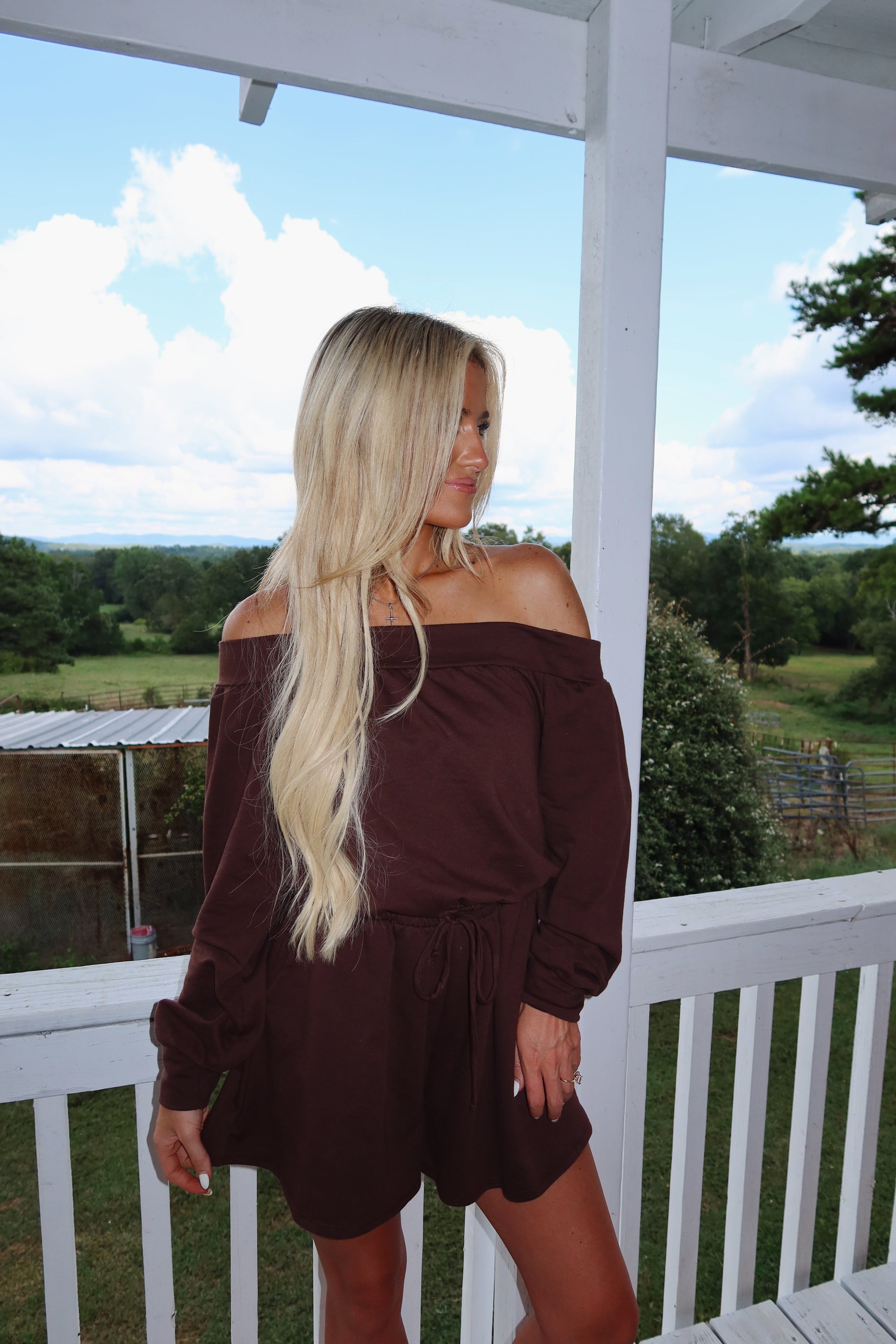 Sarah Off Shoulder Romper (Brown)