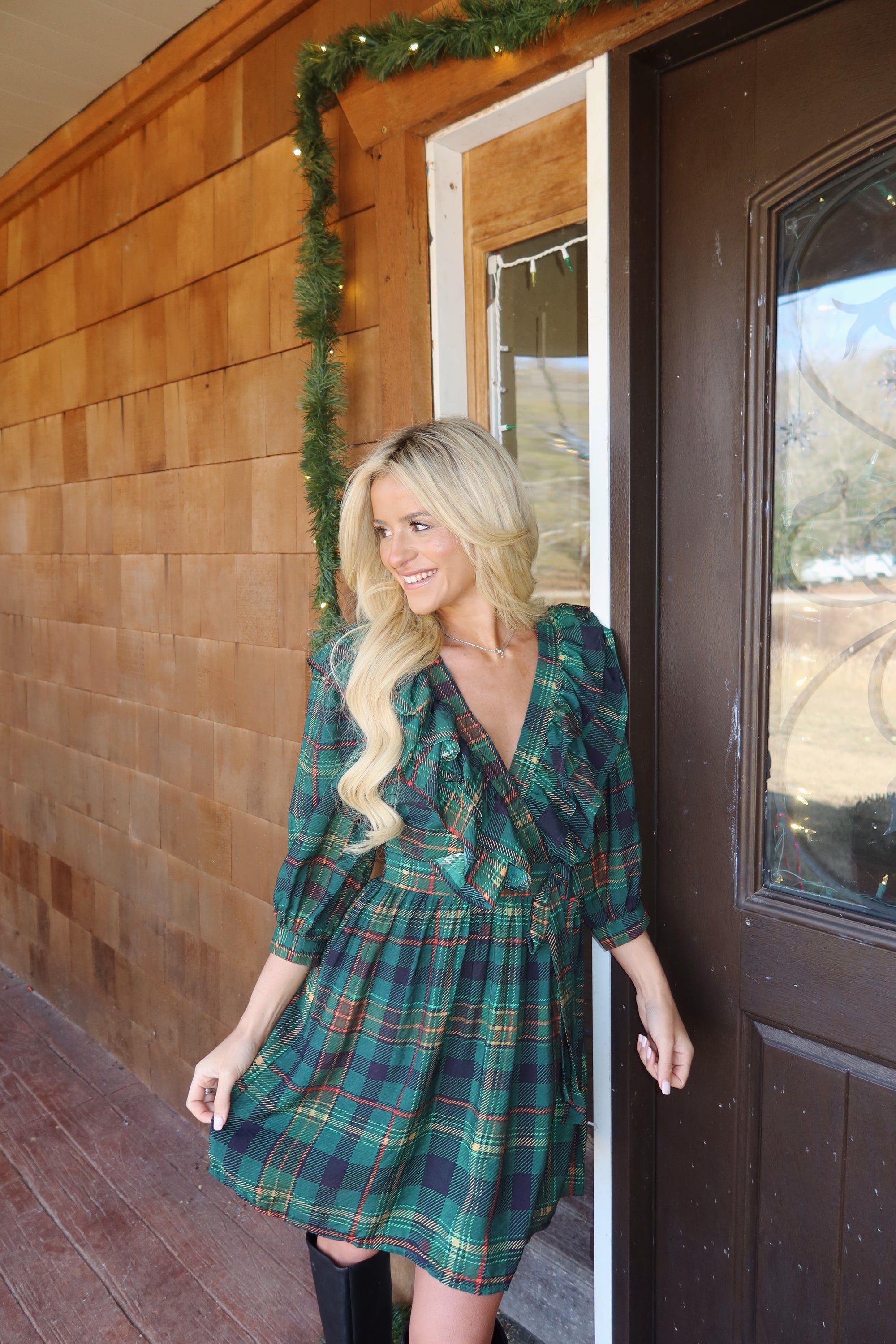 Evergreen Plaid Wrap Dress