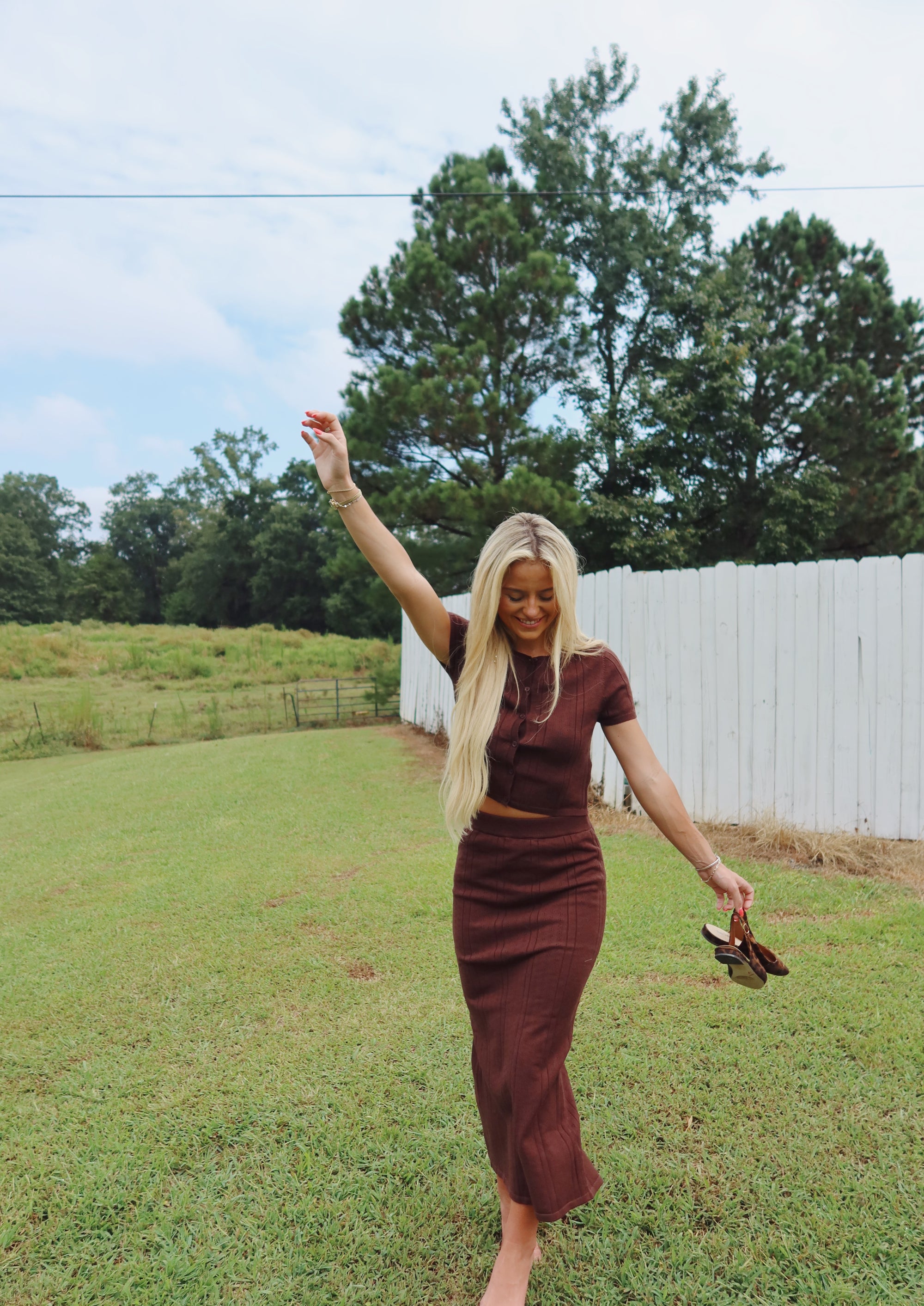 Button Down Pointelle Midi Skirt Set (Brown)
