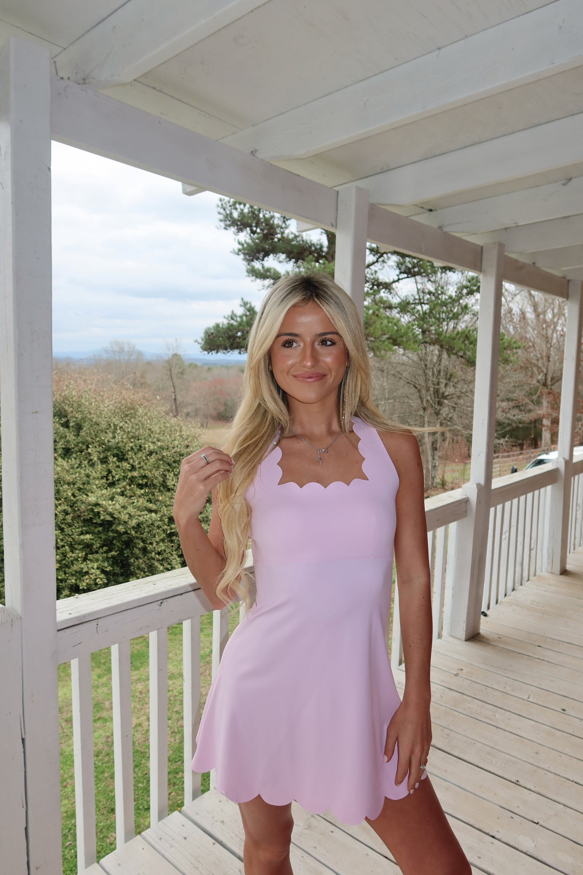 Willow Scalloped fit and flare mini dress (Pink)