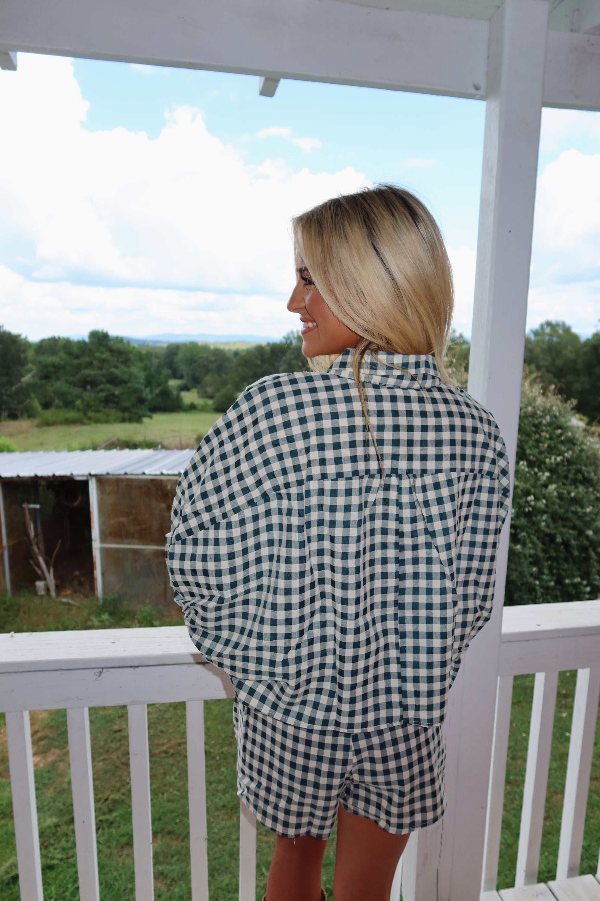 Gingham Cropped Button Down Set (Forest Green)