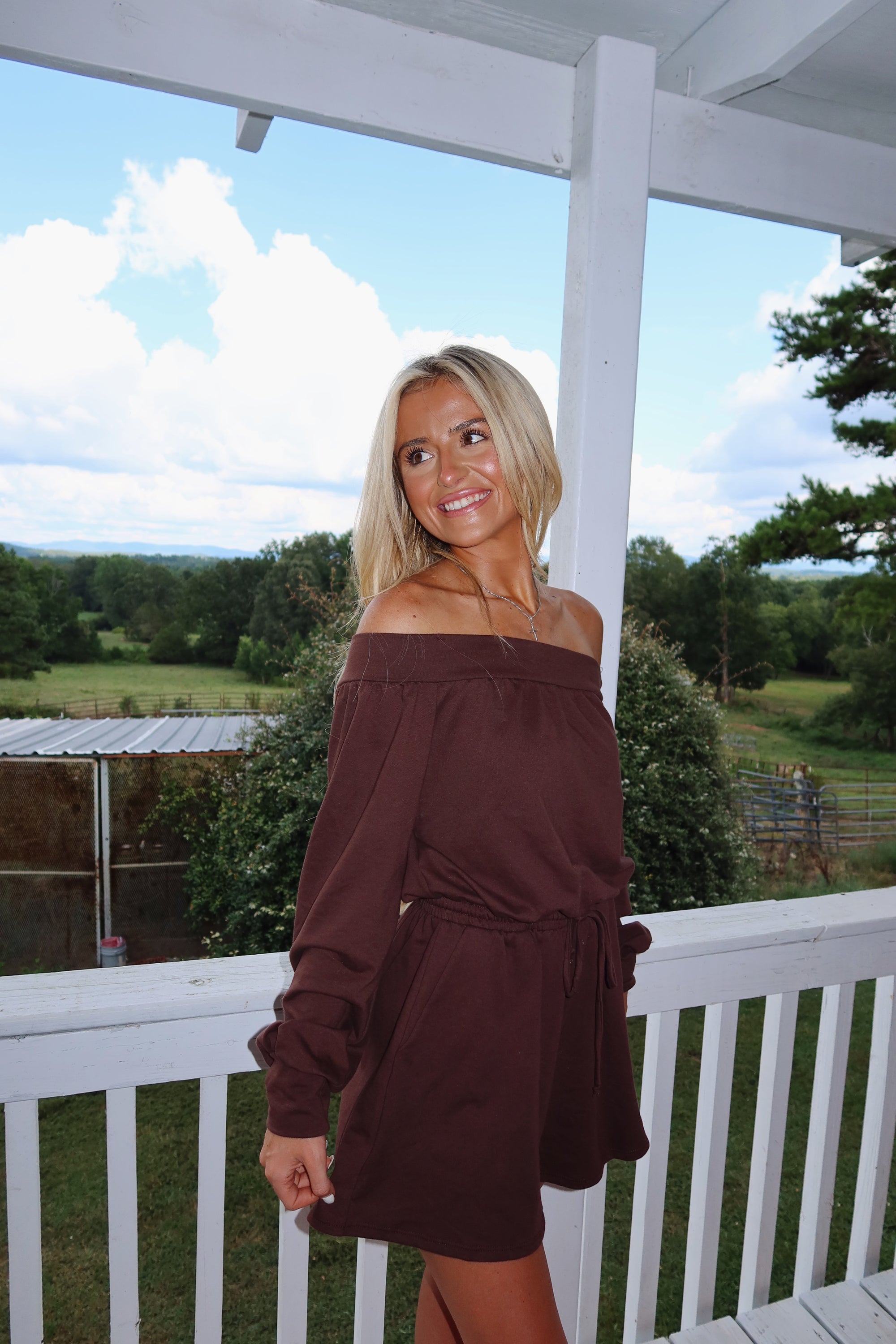Sarah Off Shoulder Romper (Brown)