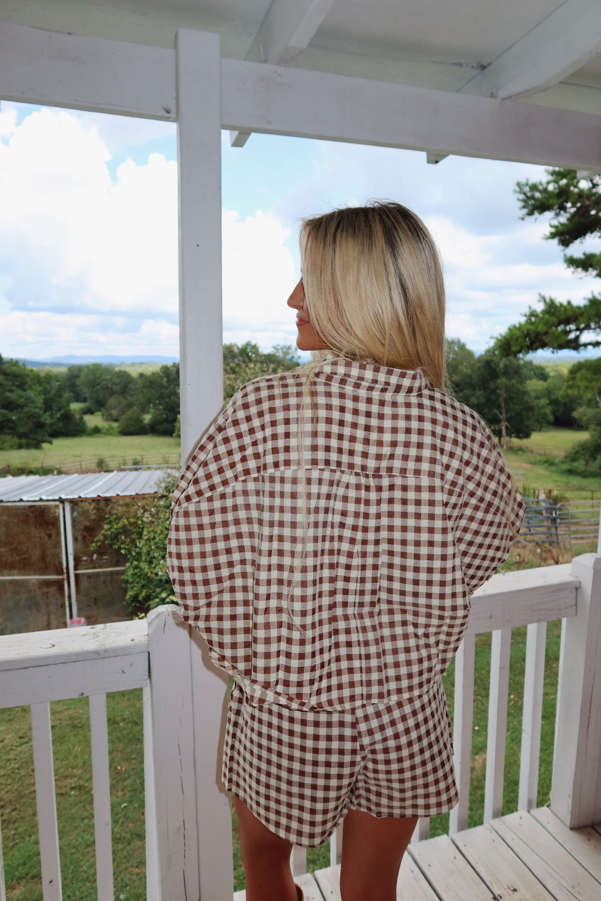 Gingham Cropped Button Down Set (Brown)