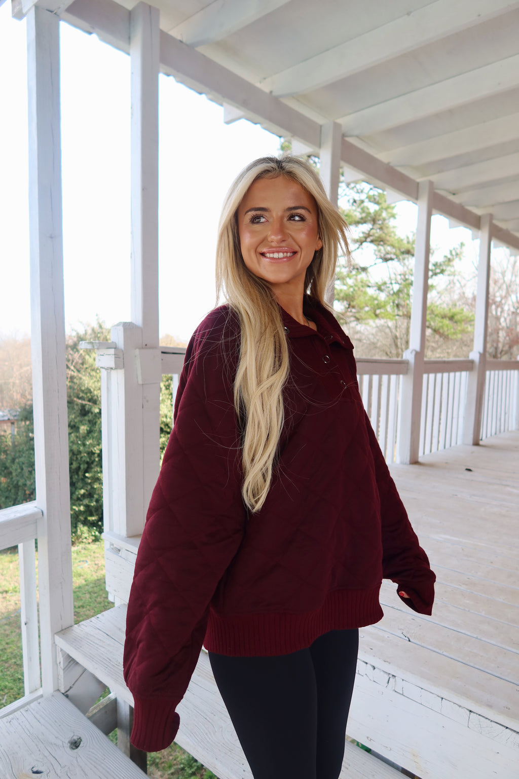 Dark Cherry Quilted Snap Pullover