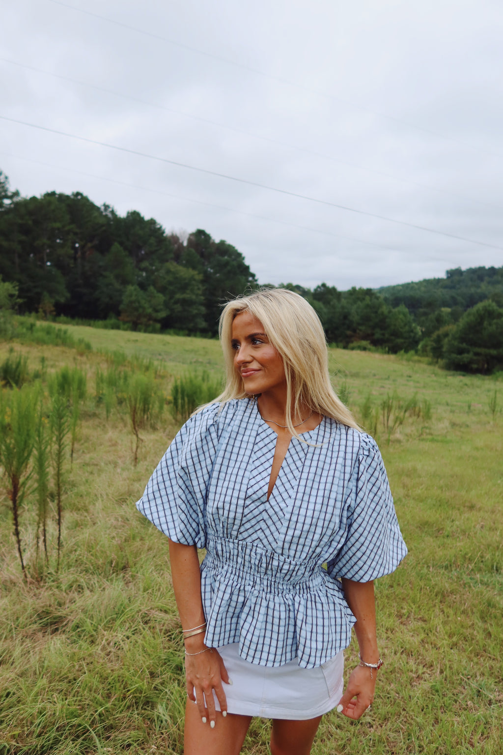 Checkered Puff Sleeve Blouse