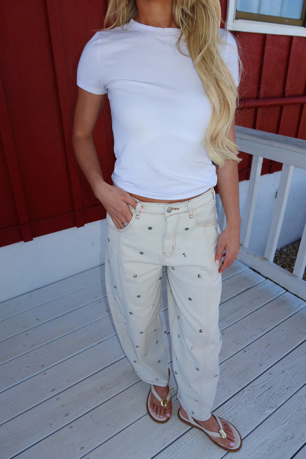 Sloan Studded Barrel Jeans (Cream)