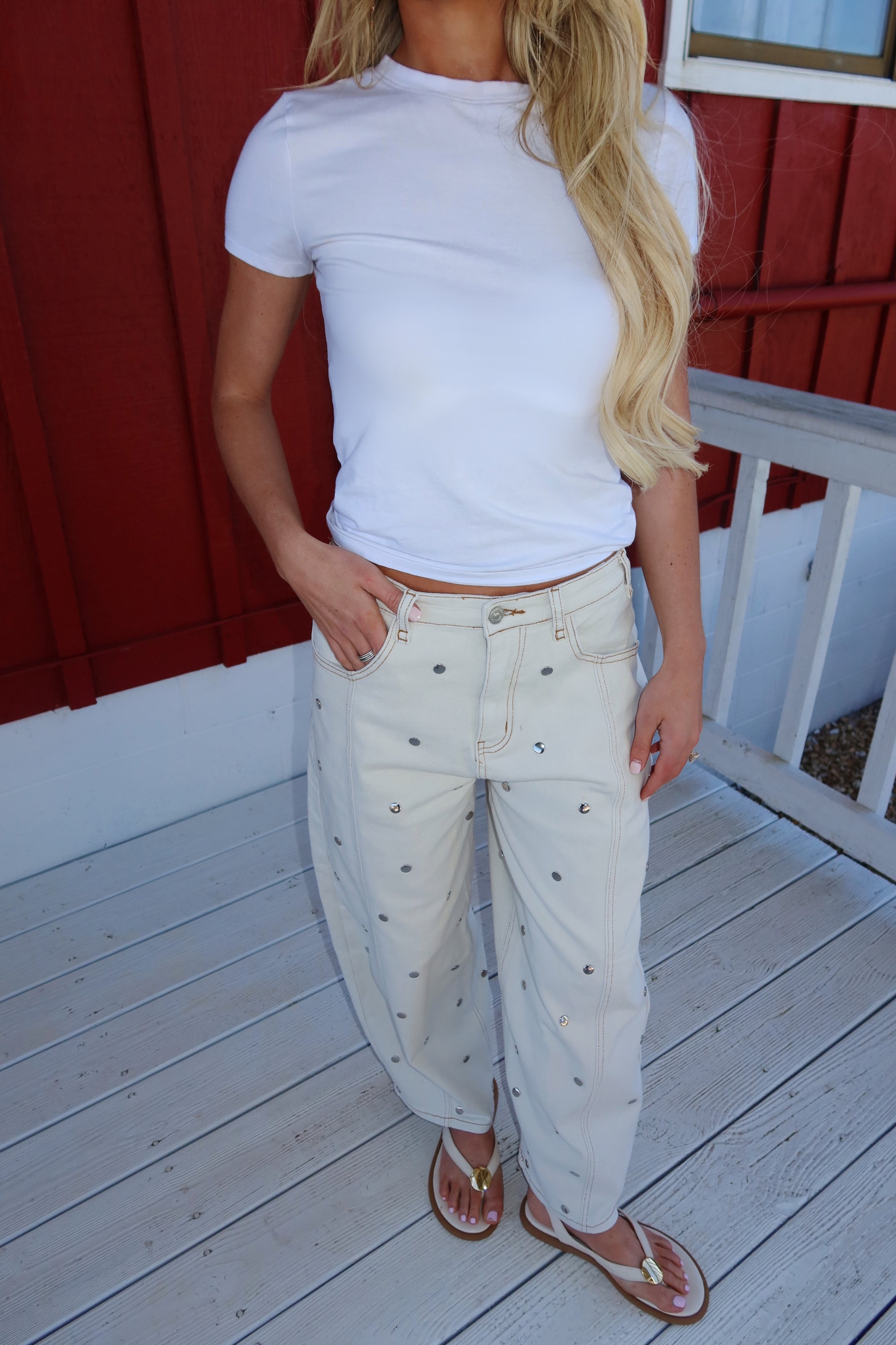 Sloan Studded Barrel Jeans (Cream)