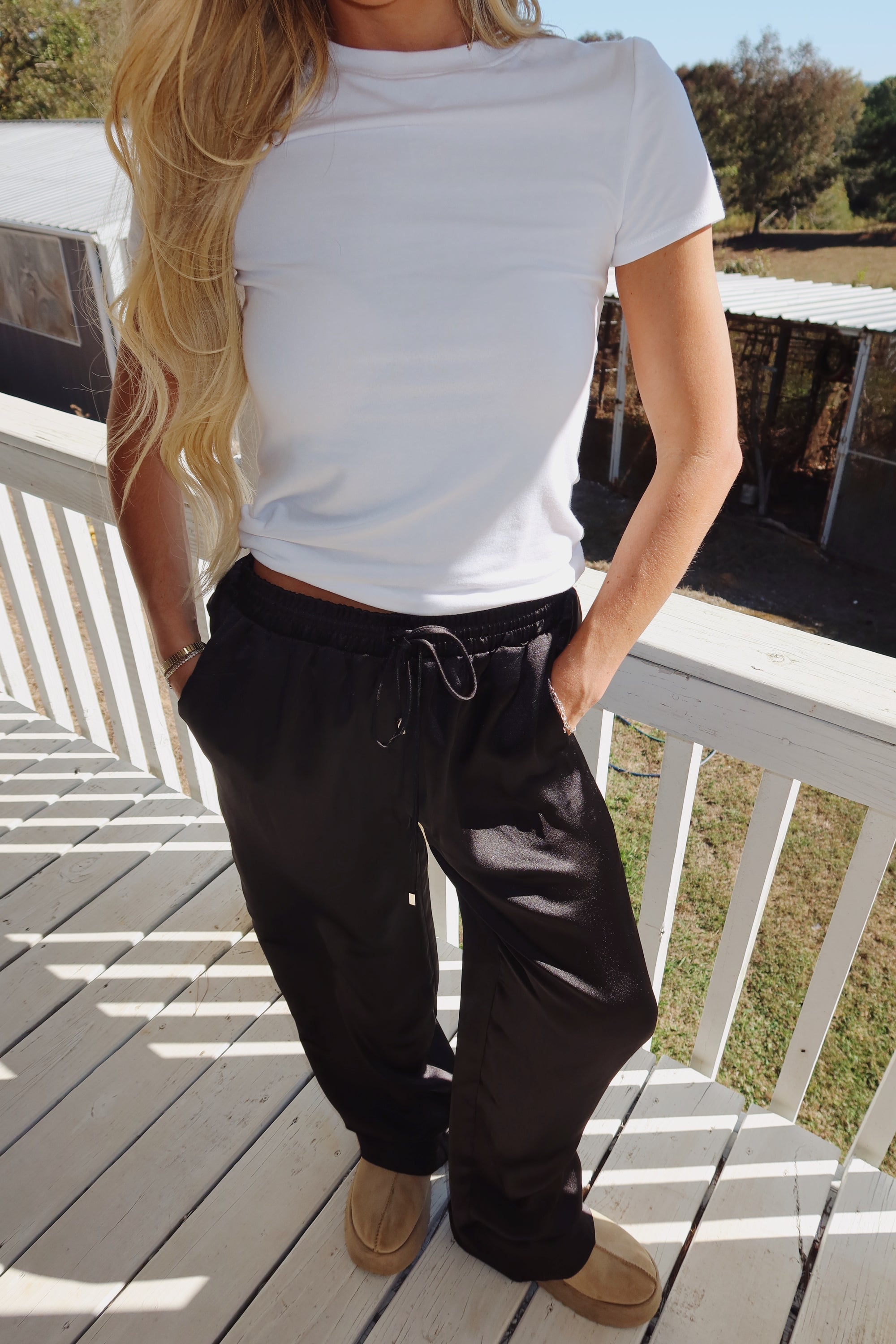 Satin Waist Tie Pants (Black)